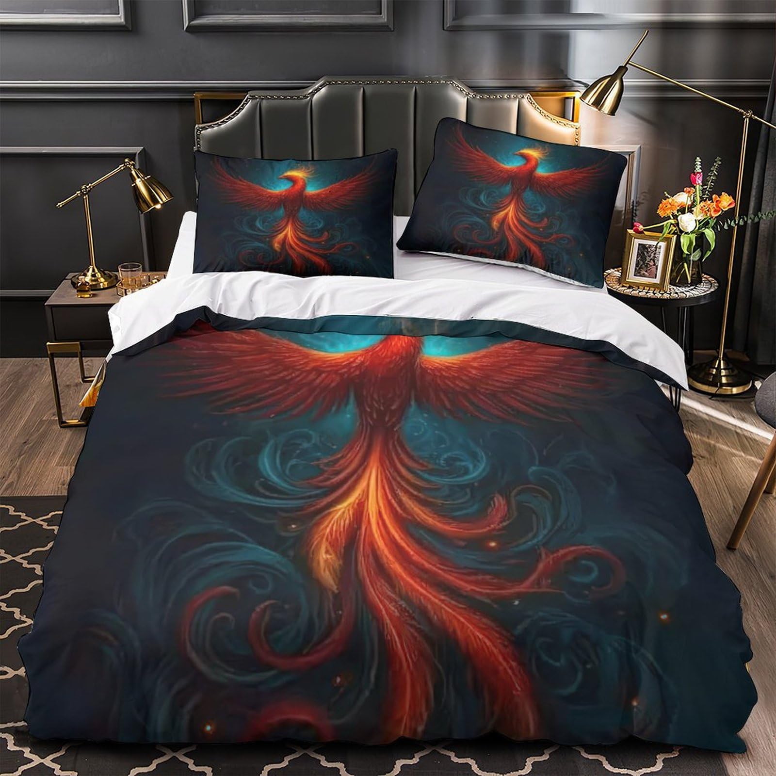 Housse de Couette Phénix 3D en Microfibre Lavable et Respirante pour Lit Fille
