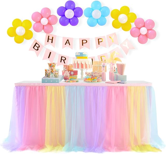 NSSONBEN Tulle Table Skirt Rainbow Table Skirting with Gold line Fluffy Tutu Table Skirt for Baby Shower Birthday Party Wedding Banquet Table Decorations (2Yard/6ft/L183cm*H77cm)