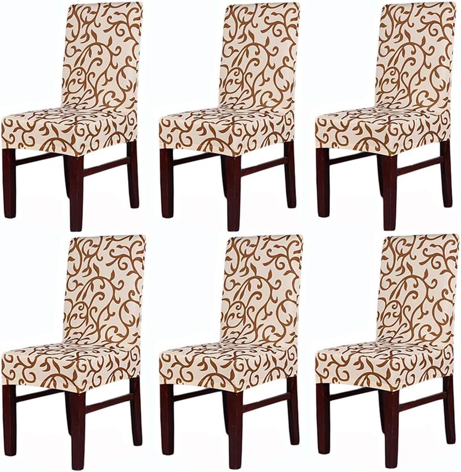 Dining Chair Slipcovers Protector Removable Short Stretch Spandex Dining Room Banquet Chair Seat Cover for Kitchen Bar Hotel and Wedding Ceremony 6PCS - Champagne + Coffee
