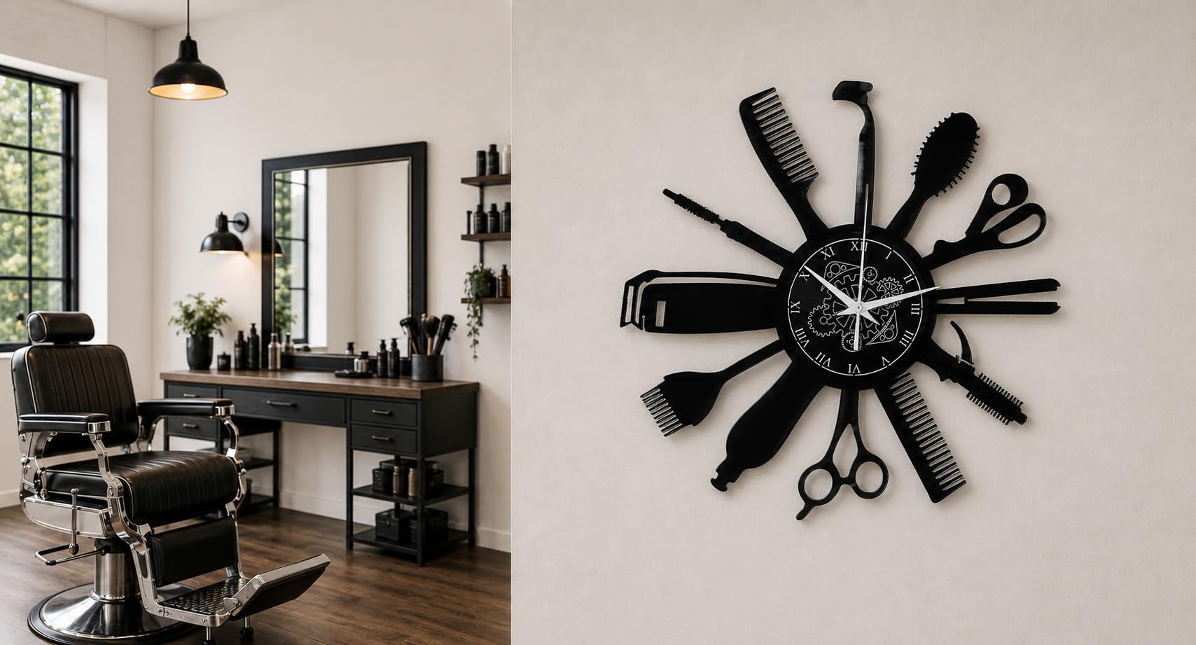 Reloj de Pared | Peluquería | Barbería | Motivos de Barber Shop (Negro B5)