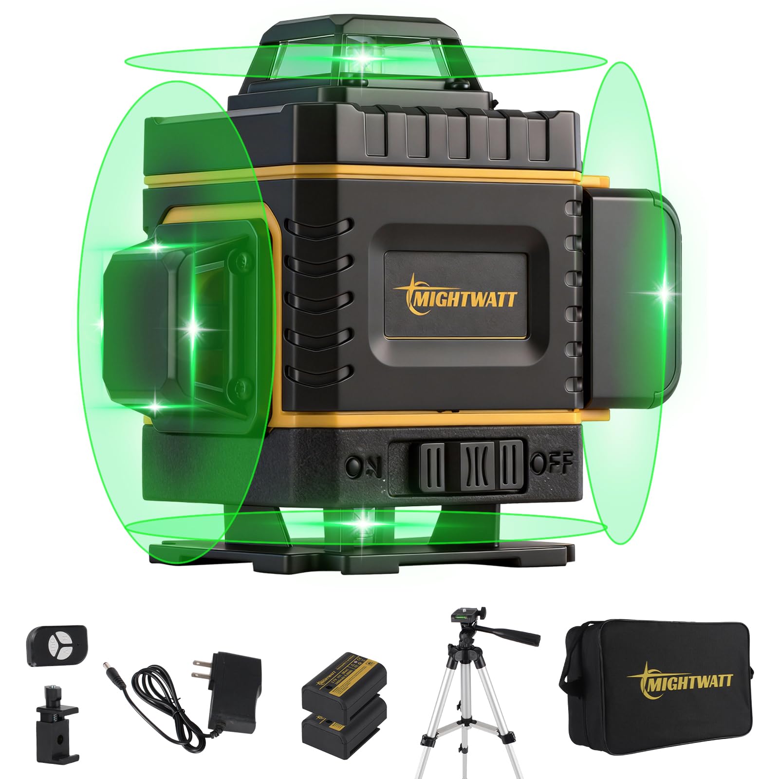 mightwatt 4D 16 Lines Green Laser Level Self-Leveling with Magnetic Bracket Remote Control Includes Rechargeable Battery Glasses Wall Mount for Construction Renovation - Laser Leveler Tool