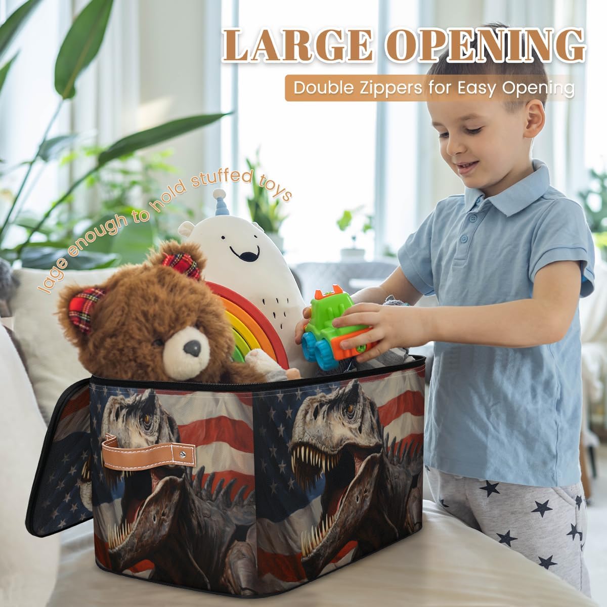 Storage Bin Set of 2 Flag Dinosaur Storage Basket with Zipper Lid & Handle Foldable Closet Shelf 2 Pack Cloth Organizer Basket Cube Bins Clothes Organizer for Bedroom, Nursery