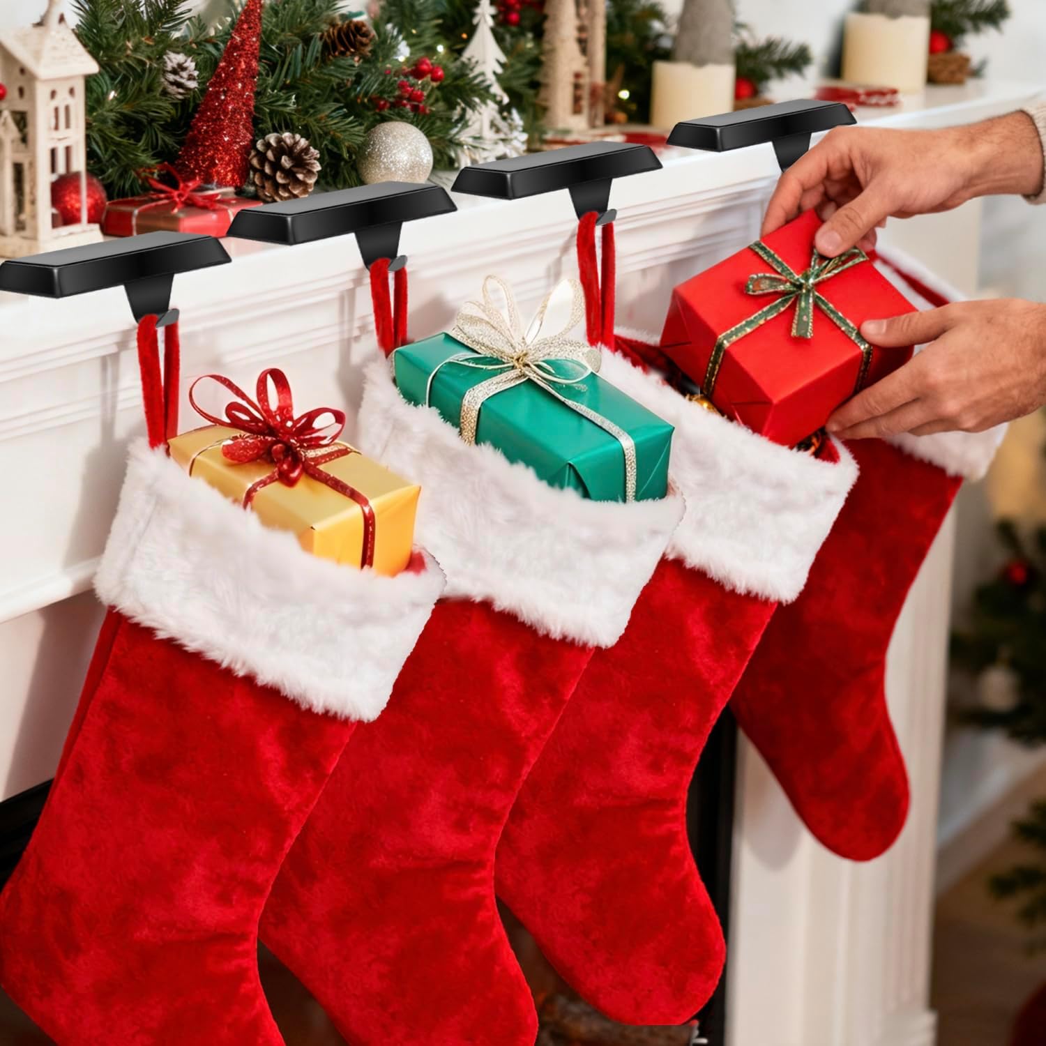Komotu 4 Pcs Metal Christmas Stocking Holders for Mantle - Weighted Heavy Duty Stocking Hangers Hooks for Fireplace Table Window Xmas Holiday Decor (Black)