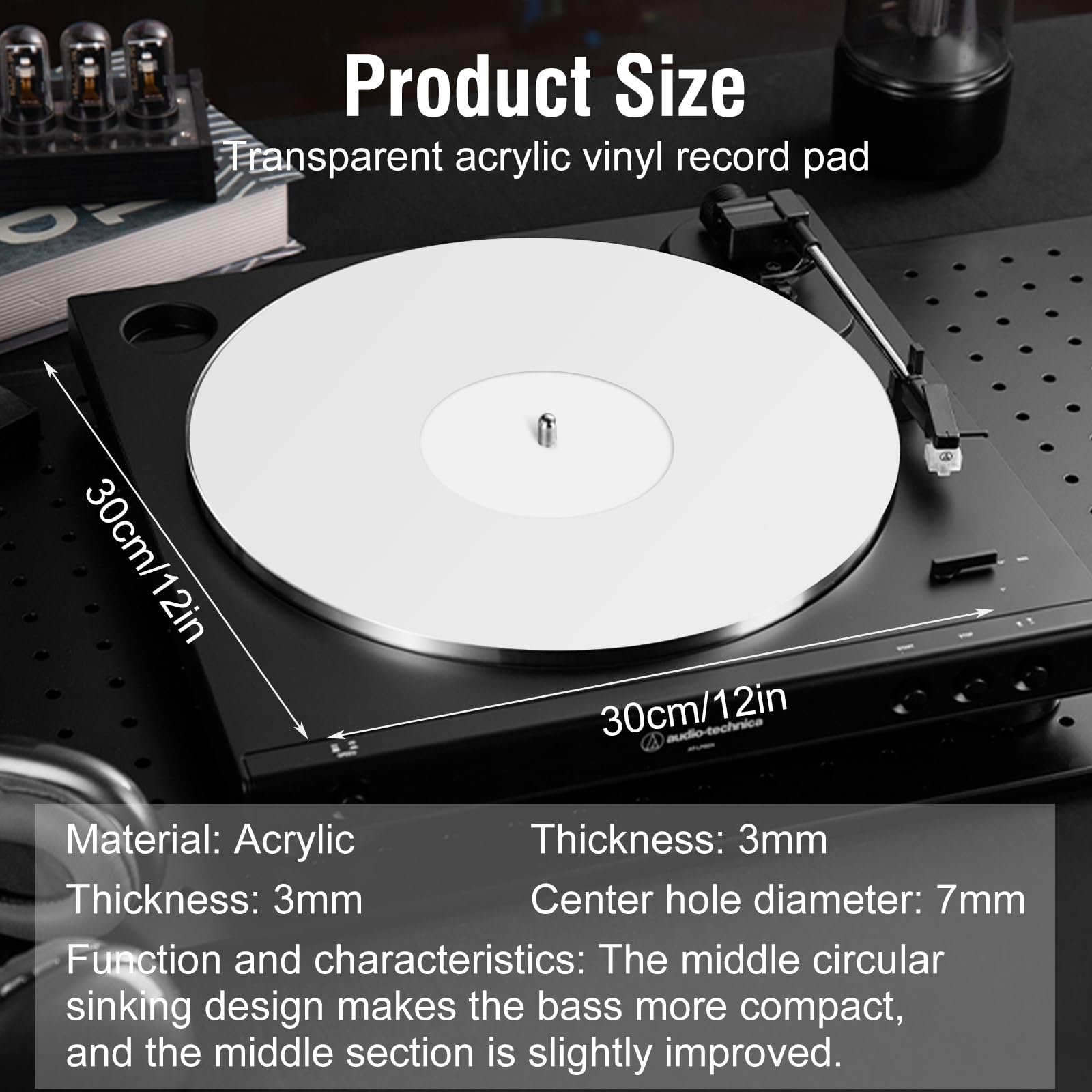 Tocadiscos acrílico blanco Slipmat: 3 mm disco de apoyo, 12" estera de vinilo antiestático, tocadiscos Slipmat, mejora el sonido durante la reproducción de discos, reduce el ruido fonógrafo