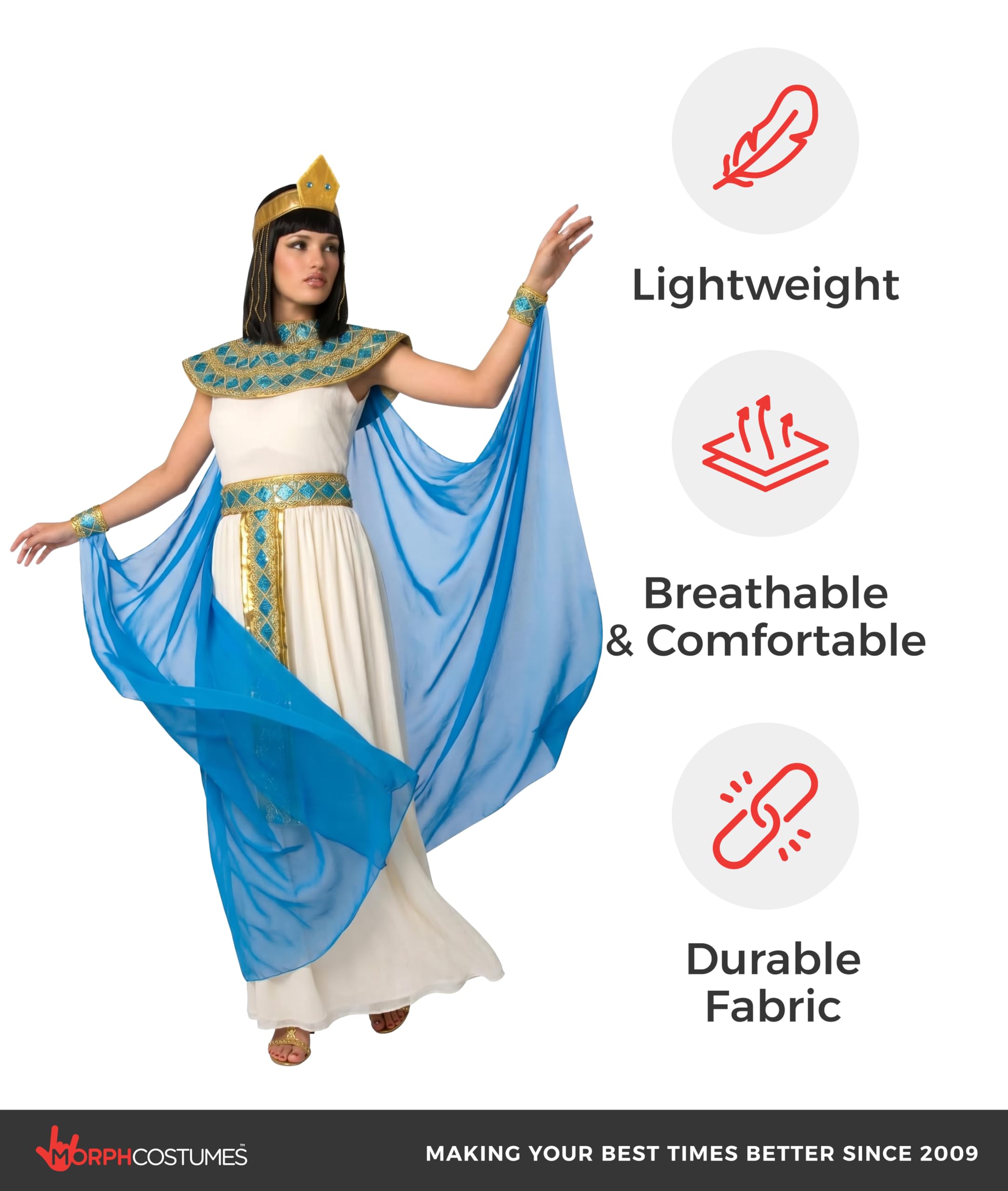 Morph Deguisement Cleopatre Femme, Costume Egyptien Halloween Femme | Robe à Bijoux, Ceinture Dorée, Collier, Cape & Coiffe, Reine du Nil, Parfait pour Halloween, Idéal pour se Déguiser