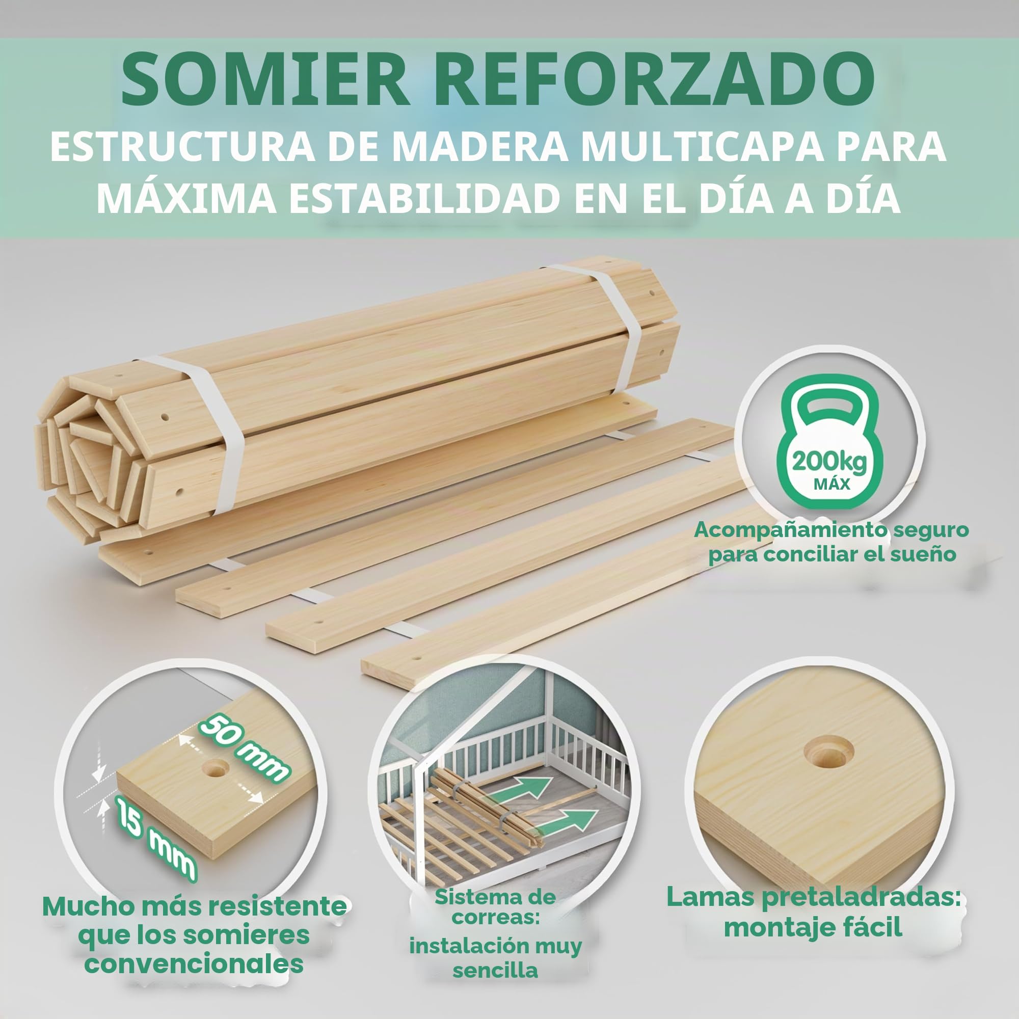 CADANI Timi 2en1 Cama Infantil al RAS del Suelo 120x200 cm Montessori con Barrera anticaída Desmontable, Incluye somier, Pino Macizo, Blanco - 3 Variantes de Montaje, hasta 200 kg, Convertible