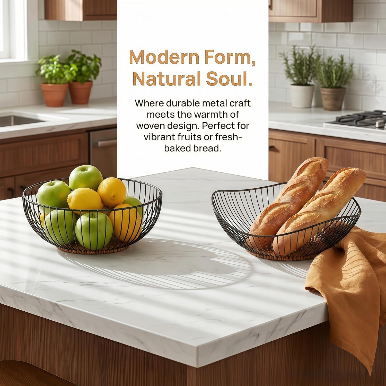 Elegant and minimalist rust-resistant metal wire fruit basket bowl, featuring a breathable and non-slip design, serves as a versatile tabletop storage tray for fruits, vegetables, bread