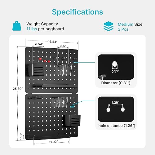 Miniatura 6 de Kit de combinación de organizador de pared con tablero de clavijas, en total 25.4 x 16.6 pulgadas, tablero de clavijas de metal para oficina con 13
