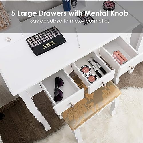 Miniatura 5 de CHARMAID Juego de mesa de tocador con espejo ovalado giratorio, mesa de maquillaje para dormitorio con 5 cajones para mujeres y niñas, tocador con