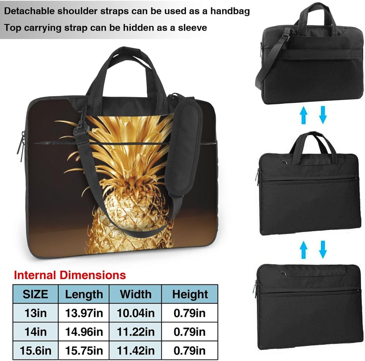Gold Pineapple Print Laptop Tote Bag Travel Bag Business Computer Bag Work Bag for Men Women