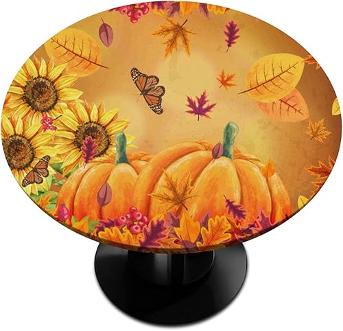 UZC Mantel redondo ajustable con bordes elásticos y diseño de calabaza, arce, girasol, mariposa, Acción de Gracias, resistente a la decoloración, no