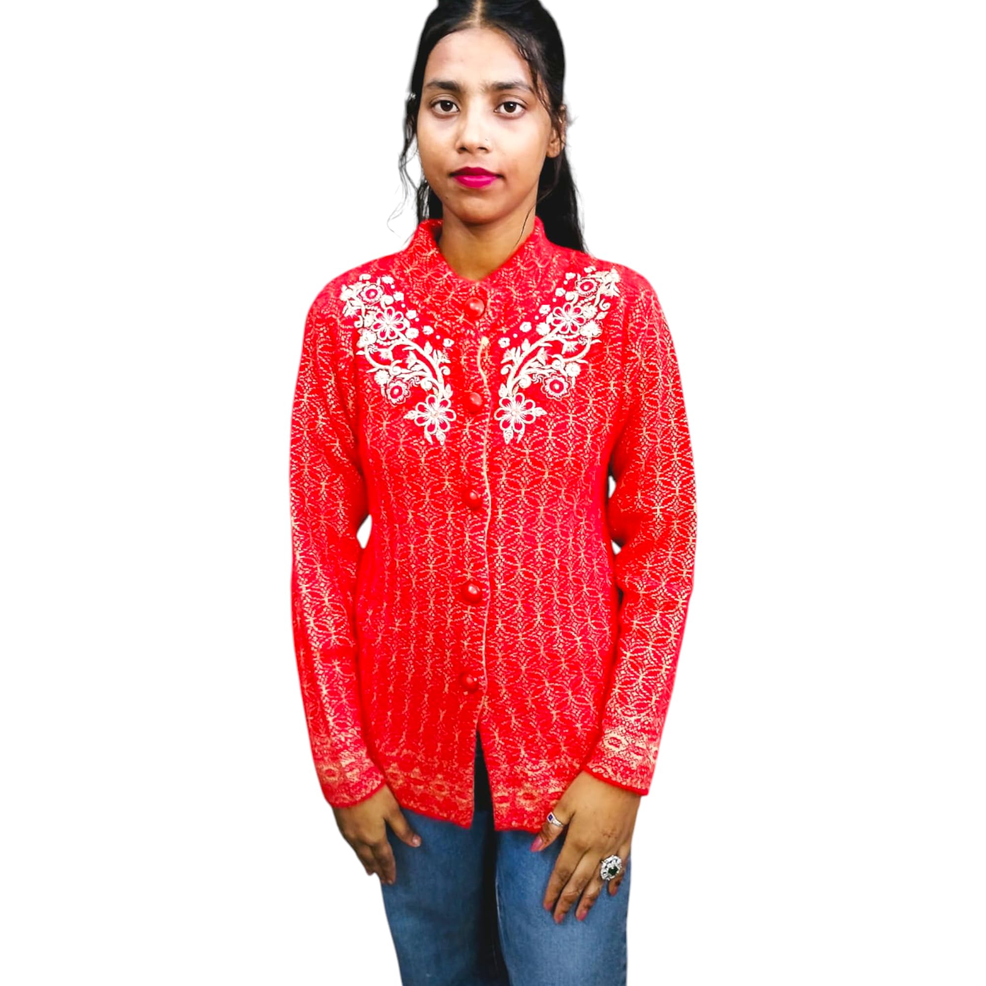 Red Floral Embroidered Button-Down Cardigan, Mandarin Collar, Long Sleeve-image-23