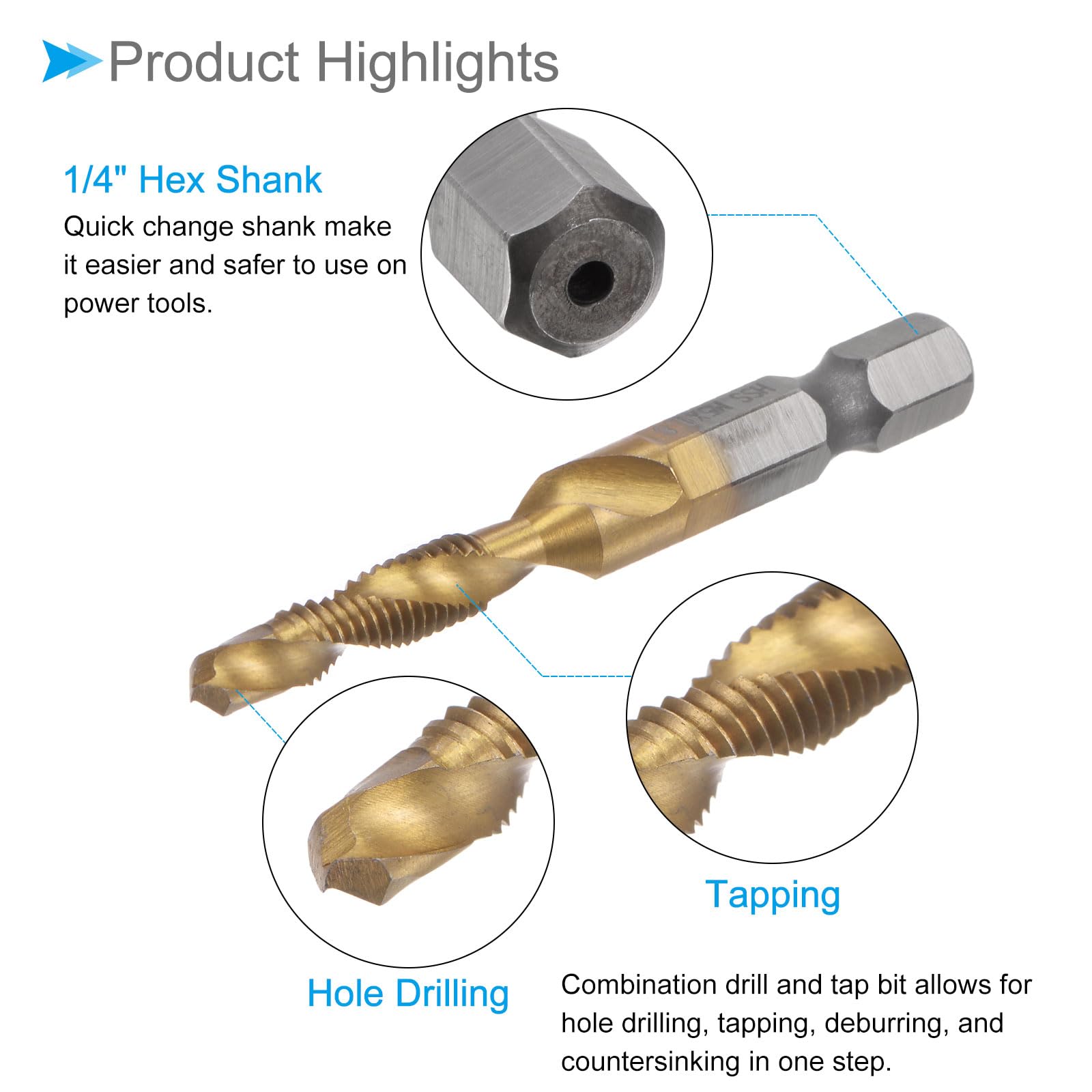 CoCud Combination Drill and Tap Bit, M5 x 0.8 Thread Size 1/4" Hex Shank, 4341 Titanium Coated High Speed Steel Tools - Image 4