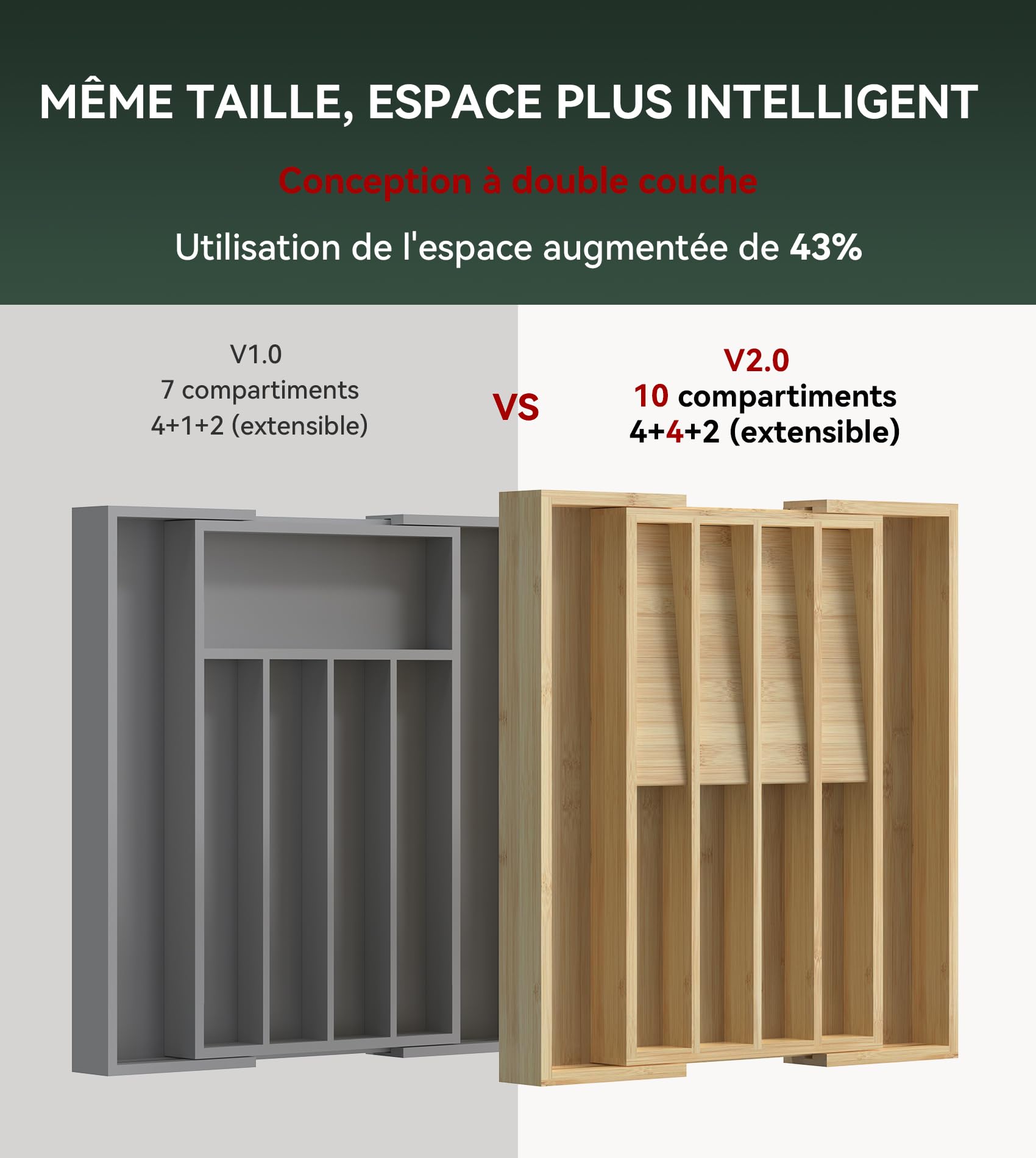 WELL WENG Range Couverts Extensible pour Tiroir en bambou