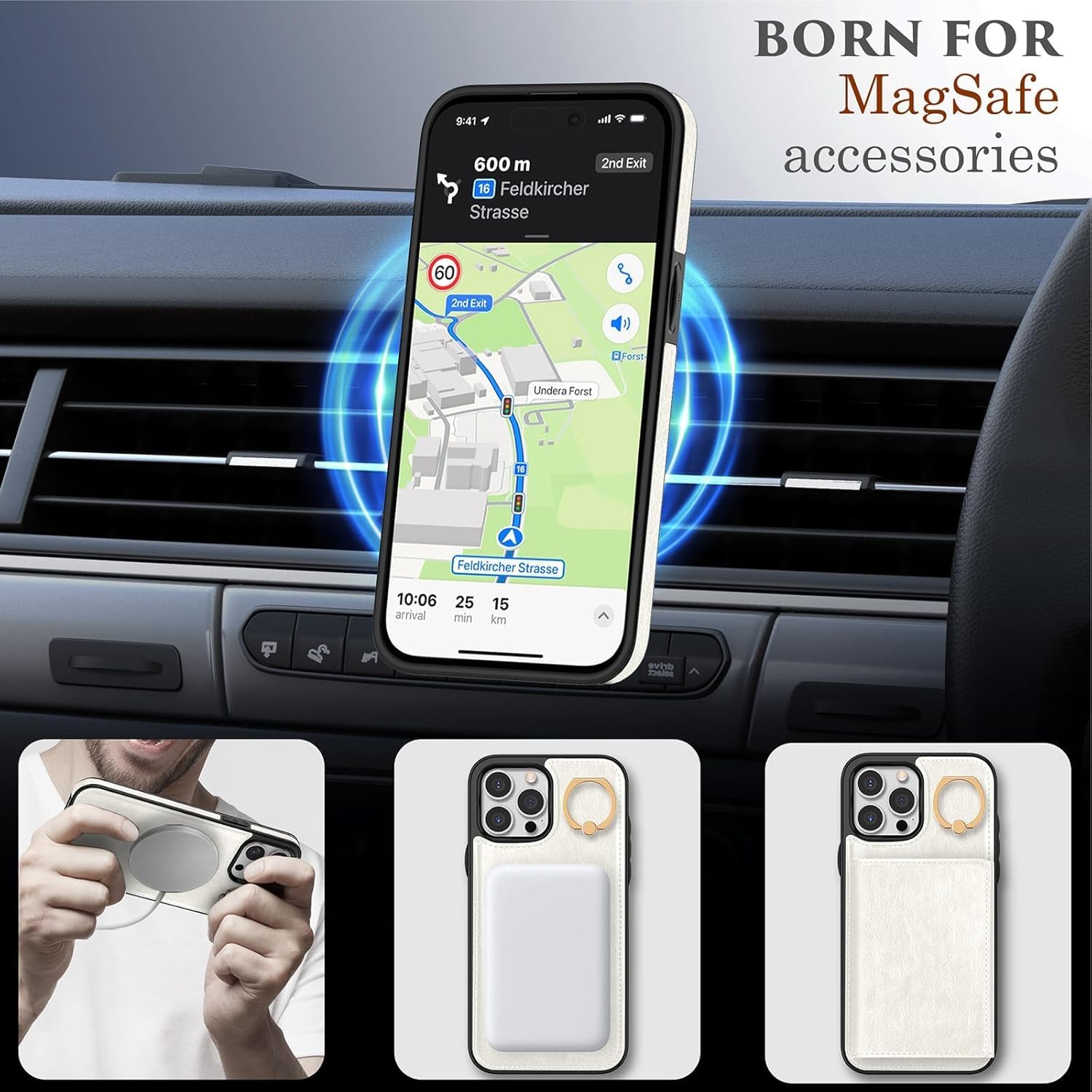 LOHASIC for iPhone 15 Pro Max Wallet Case, 6 Card Holder, Detachable Magnetic Back, Compatible with MagSafe, Ring Stand, PU Leather Credit Slot ProMax Phone Cover to Women, 6.7 Inch - White