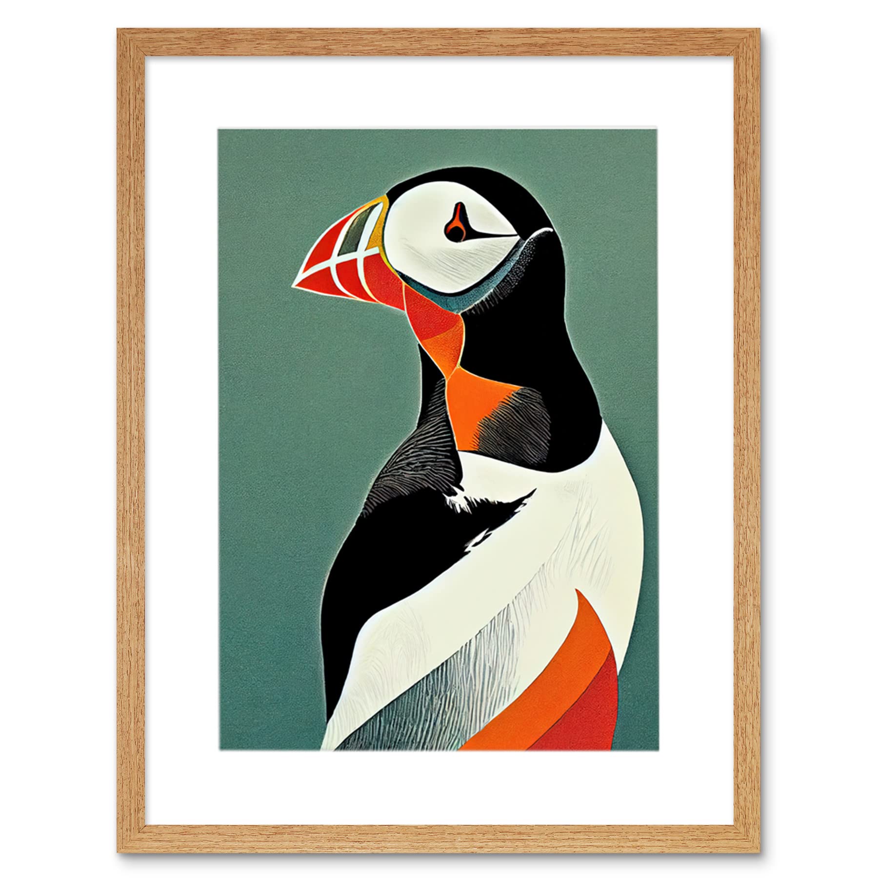 Wee Blue Coo Bright Bold Colourful Atlantic Puffin Bird Portrait Artwork Framed Wall Art Print 12X16 Inch