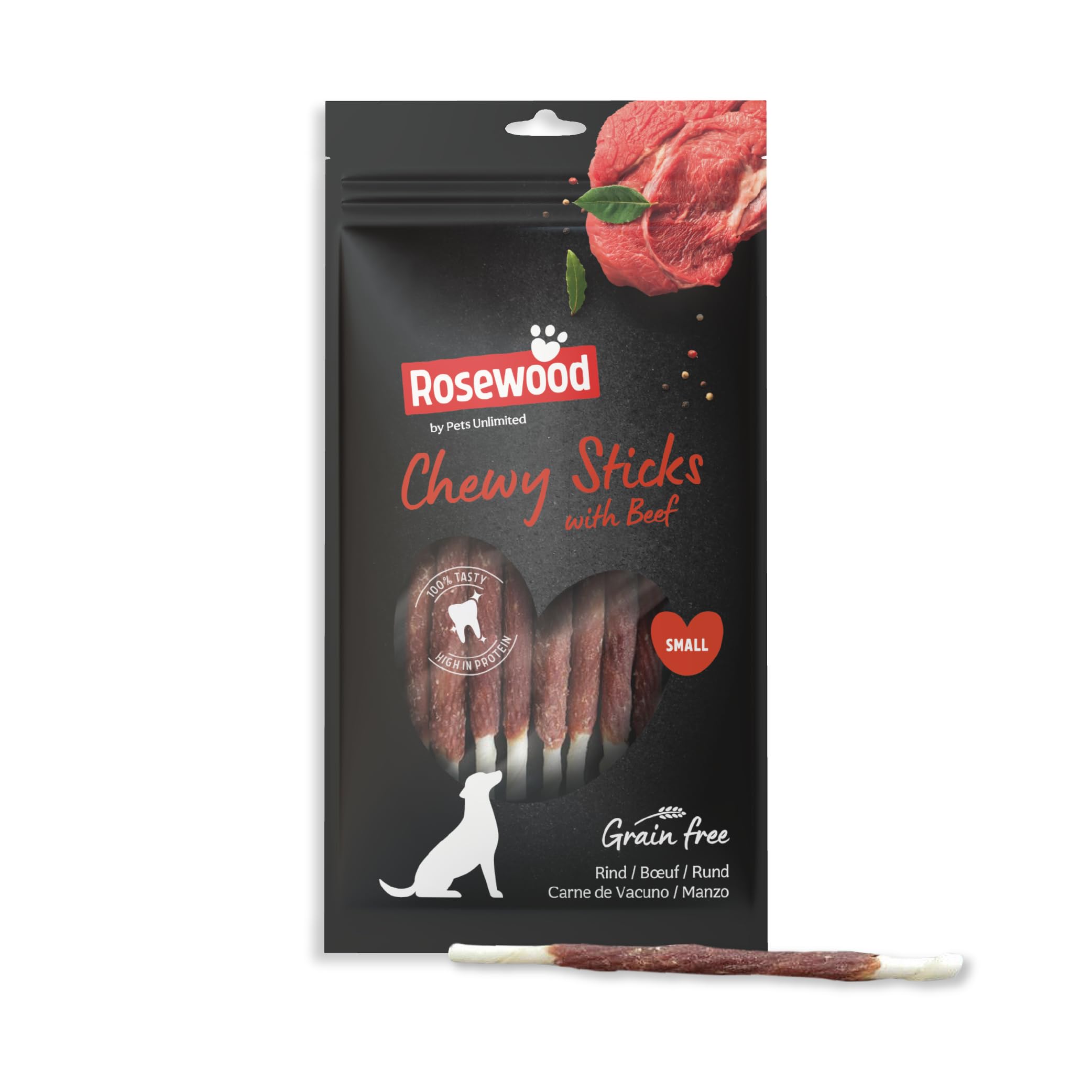 Rosewood Chewy Sticks Manzo Small - Bastoncini da masticare per cani con carne di manzo, supporta la cura dei denti, senza cereali, glutine e additivi artificiali, confezione da 6 (6x72 g)