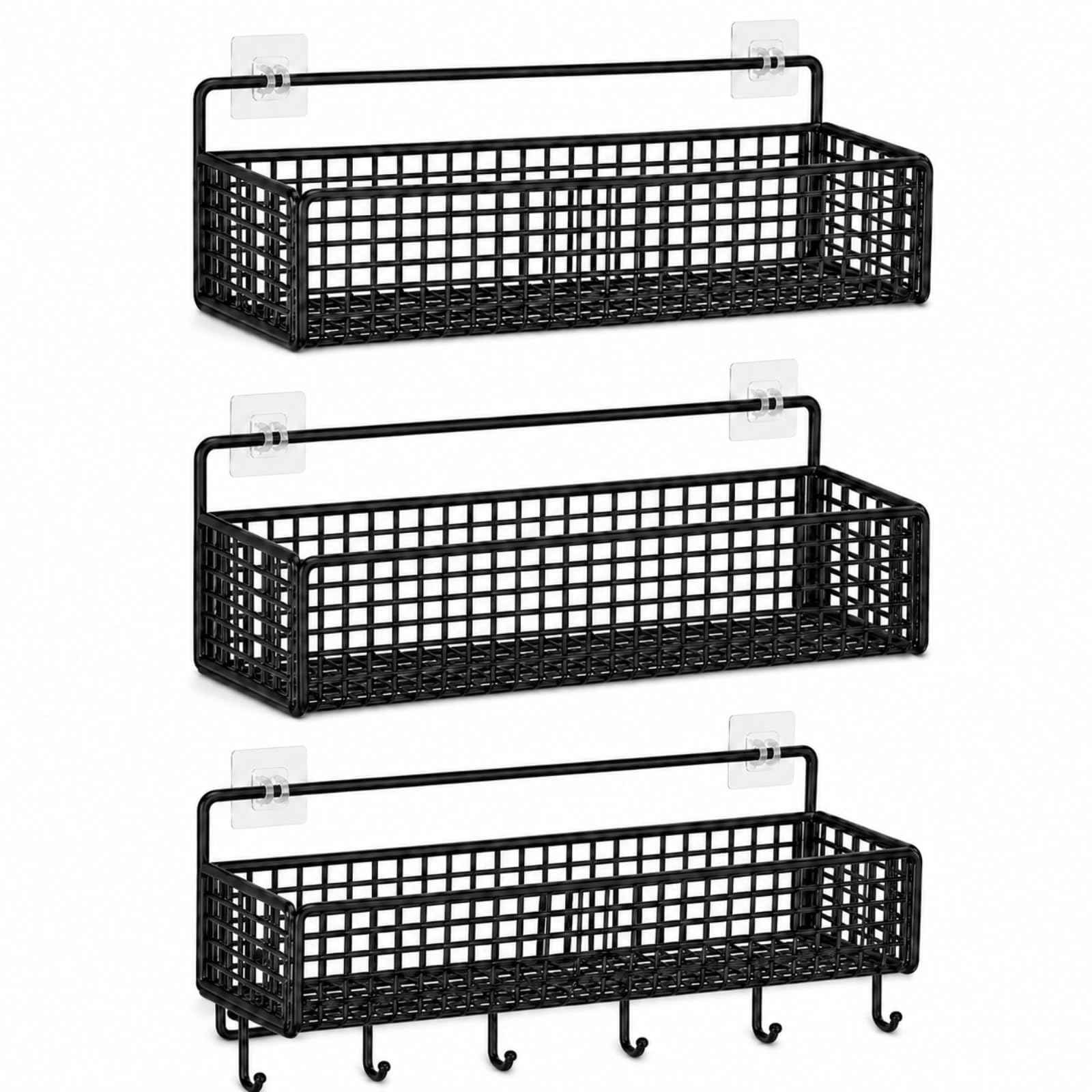 Raoletin Nursery Shelves Set of 3 Black Nursery Book Shelf, Metal Baby Book Shelf Wall Storage Baskets with Hooks, Adhesive No-Drill Kids Bookshelf for Children’s Bedroom and Playroom