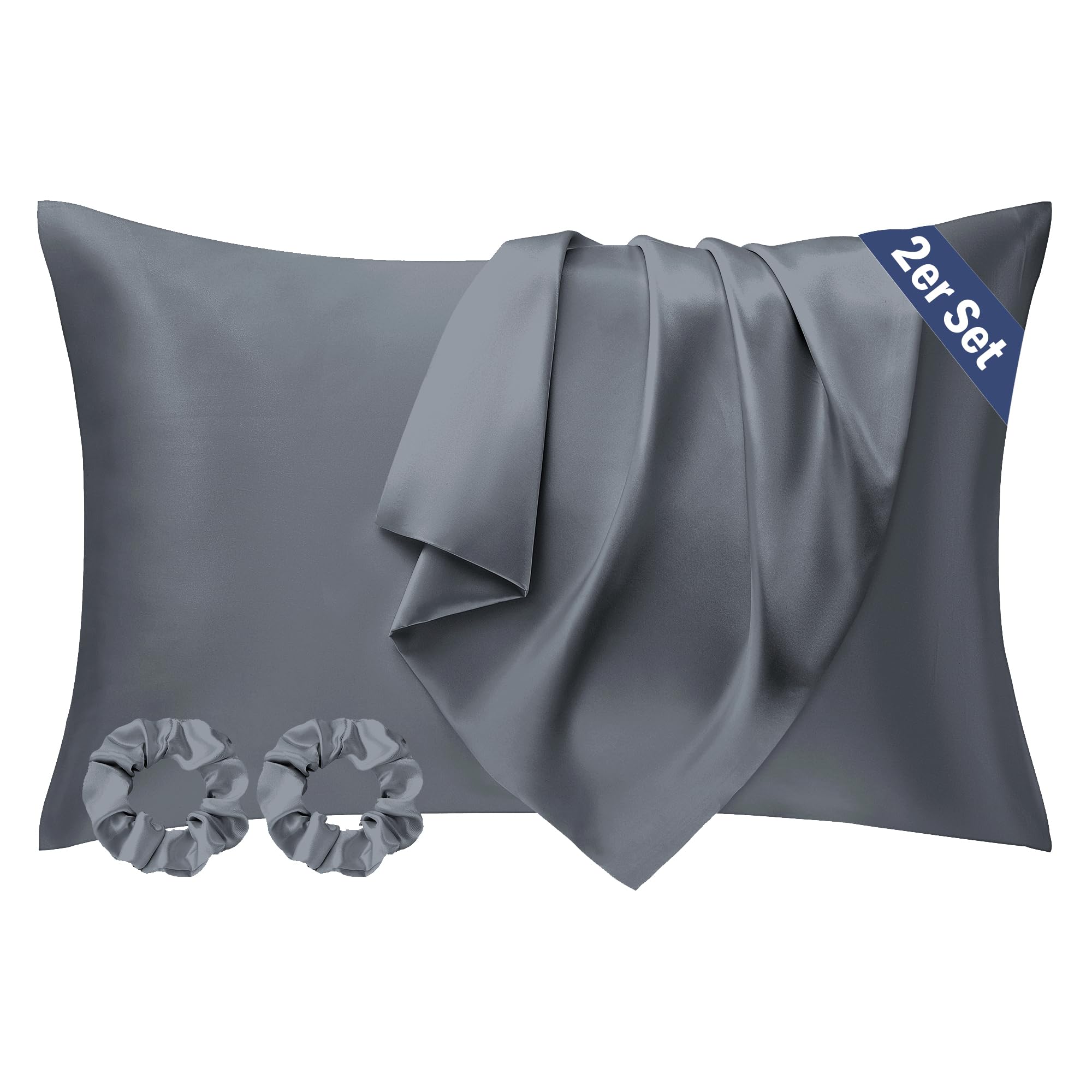 Seiwohl Pack 2 Funda de Almohada Saten 70x40 Gris Oscuro, Suave como la Seda, Protección para el Cabello y la Piel, Incluye 2 Elásticos para el Cabello OEKO-TEX STANDARD 100