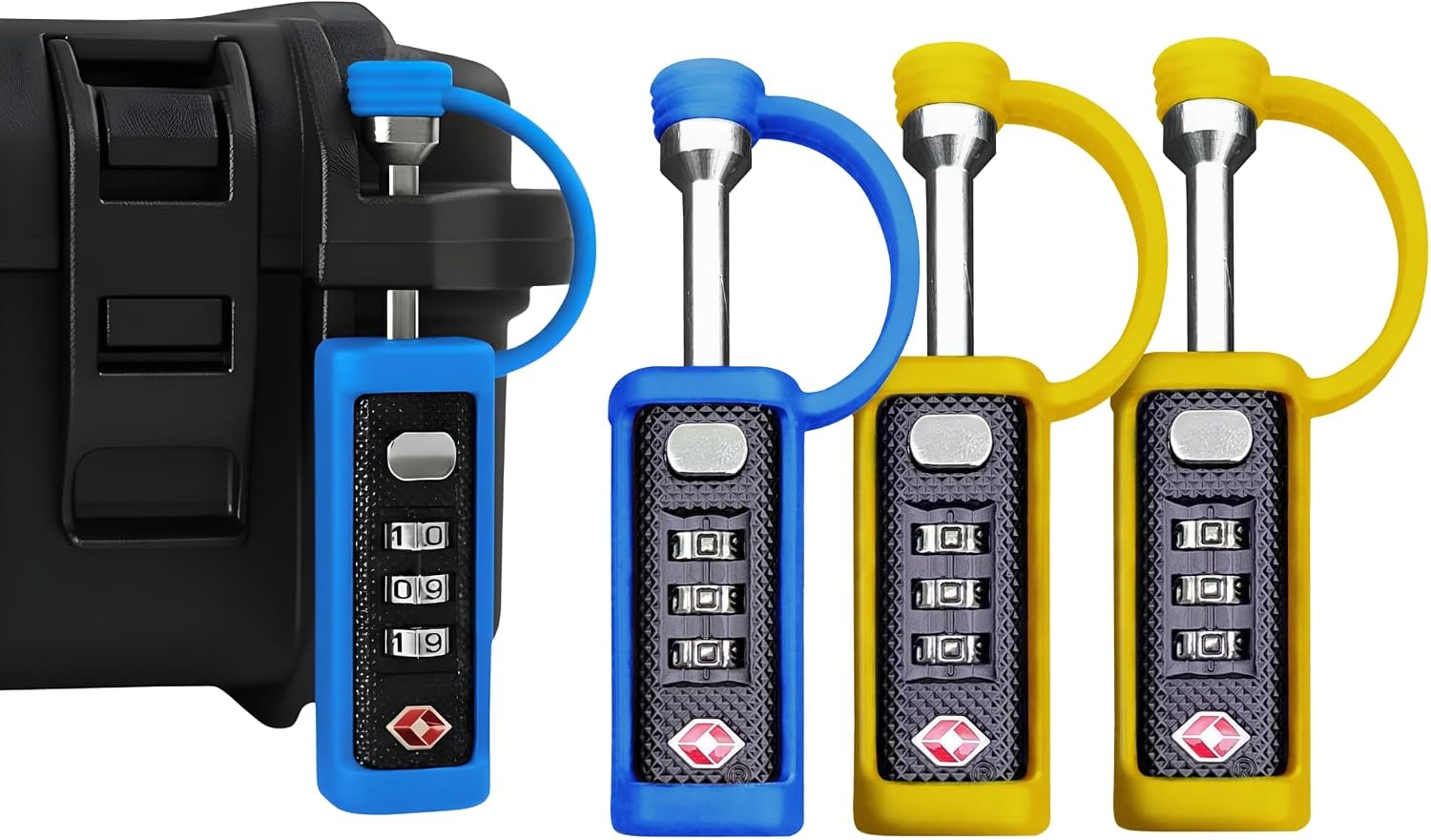 TSA Approved Gun Case Locks – 2 Blue + 2 Yellow, Heavy Duty Combination Padlocks with Rubber Sleeve & Cut-Resistant Shackle for Firearms, Pistol, Rifle, Ammo Case & Luggage Travel Security, 4-Pack