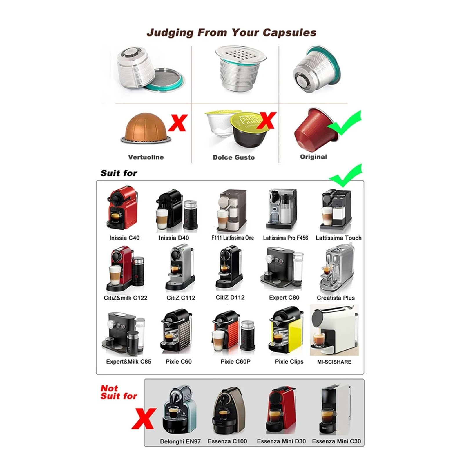 Cápsula de café recargable Compatible con cafeteras filtro de café reutilizable de cápsula de café de acero inoxidable(1PCS Pod 1PCS Tamper)