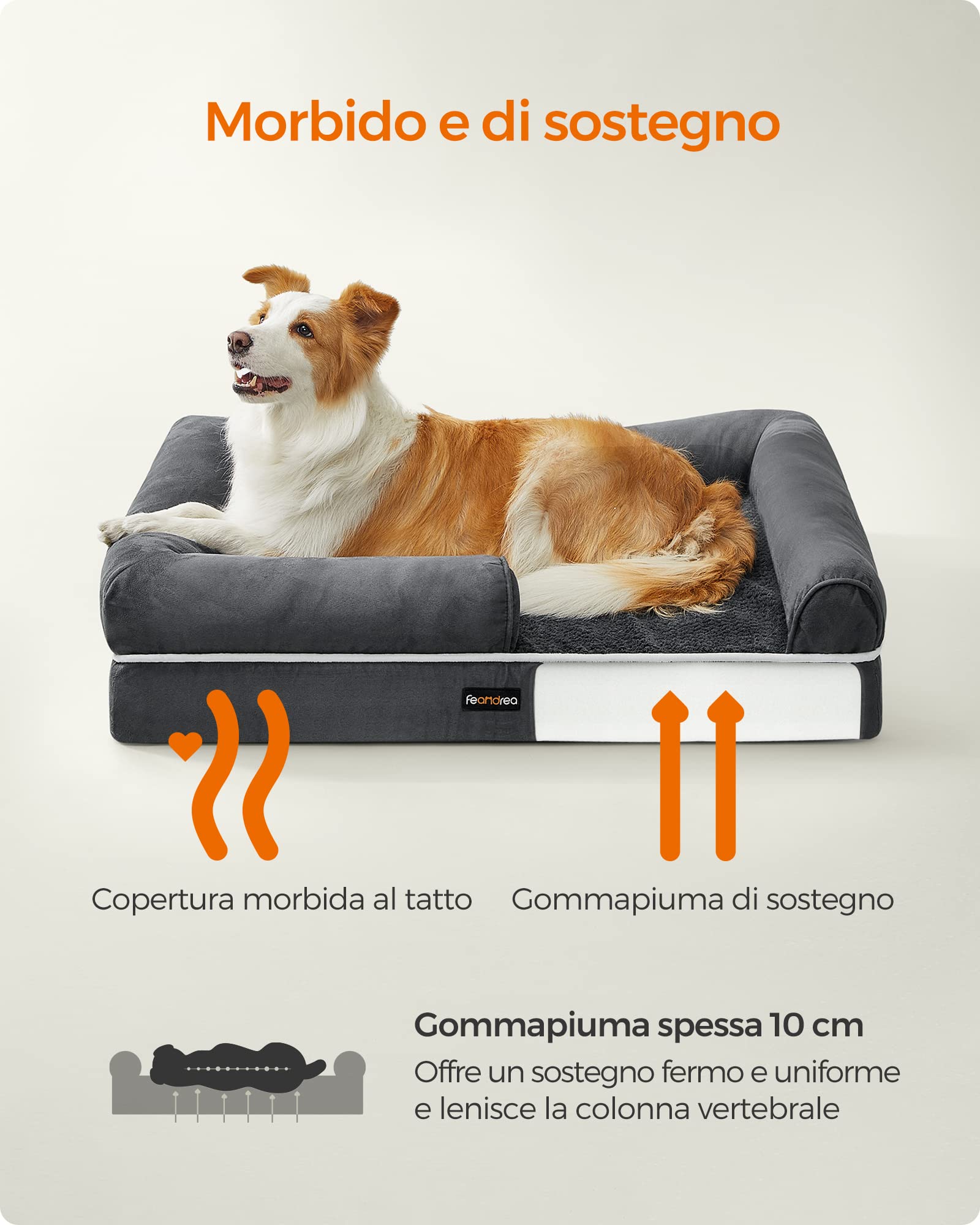 Feandrea Cuccia per Cani Ortopedica, Letto Divano per Animali, Imbottitura Morbida, Bordi Rialzati, Copertura Sfoderabile e Lavabile, 91 x 71 x 20 cm, Fondo Antiscivolo, Grigio Scuro PGW076G01