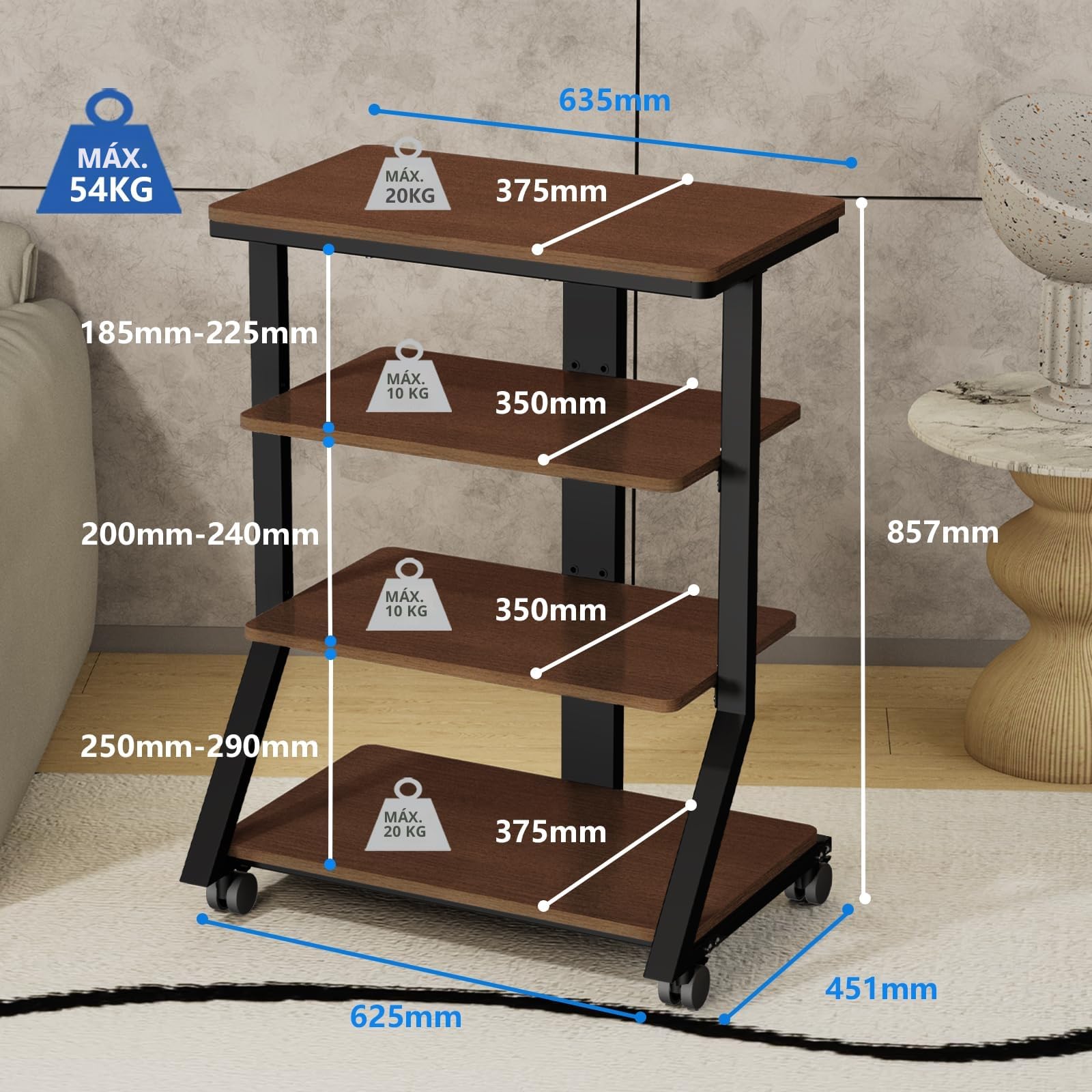 5Rcom Estantes y Soportes de Alta fidelidad, Estante de Audio, Estante de 4 Niveles, estantes de Madera para Tocadiscos, Reproductor de DVD, Unidad de Entretenimiento, Multifuncional, Altura