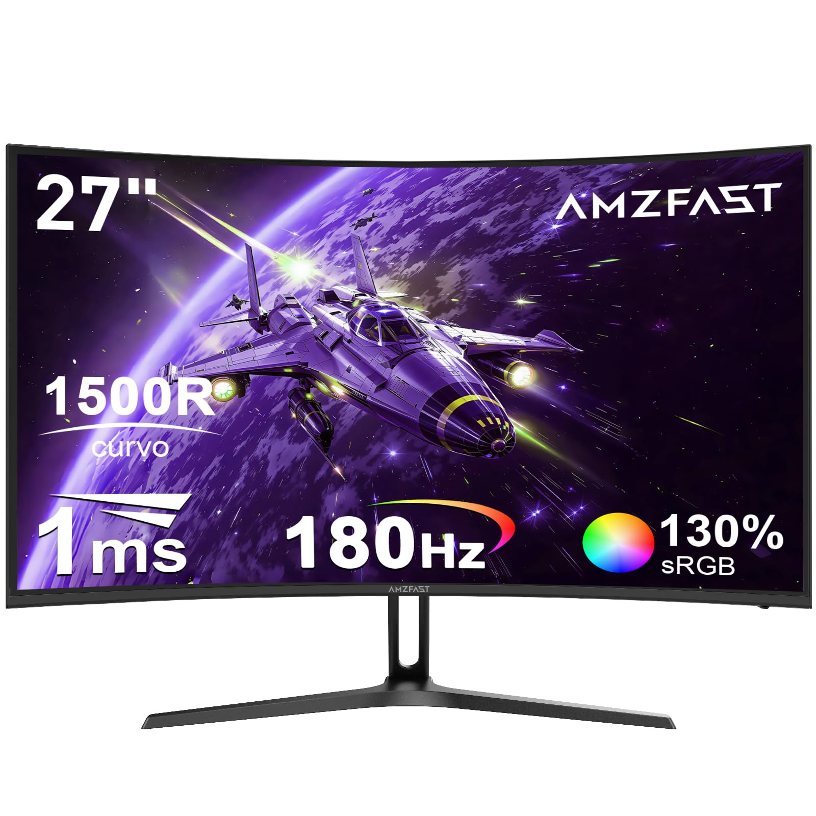 Amzfast Monitor Gaming Curvo 27'' 180 Hz, 1 ms MPRT, Adaptive Sync, HDR10, DCI-P3 95%, Anti-Flicker/Glare, Low Blue Light, 1500R, VESA Mount, HDMI/DP, AMZG27C1