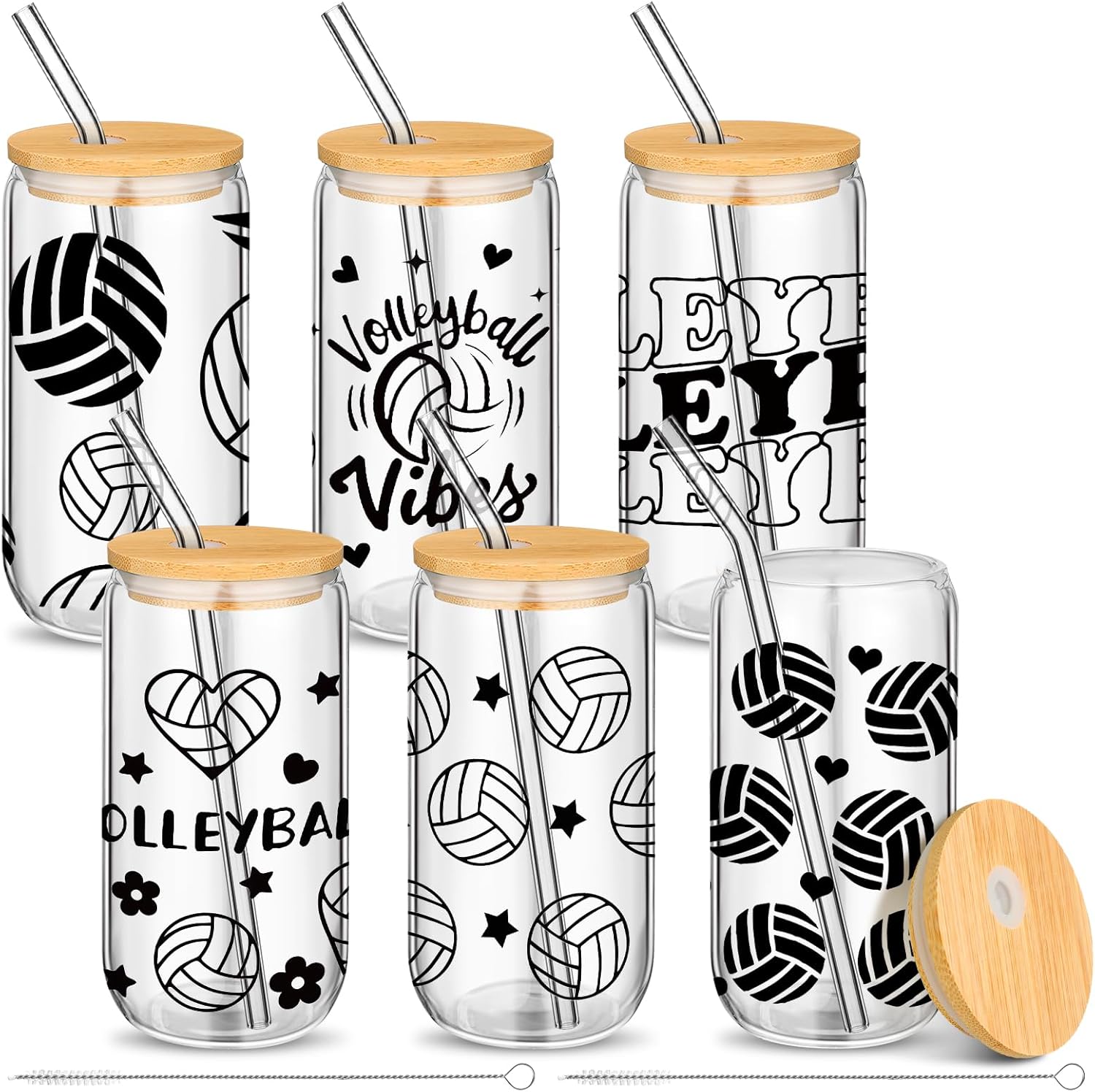 Vesici 6 Pack Volleyball Party Supplies Glass Cups with Lid and Straw Volleyball Team Gift Bulk 16 oz Water Bottles for Birthday Sport Party Supplies