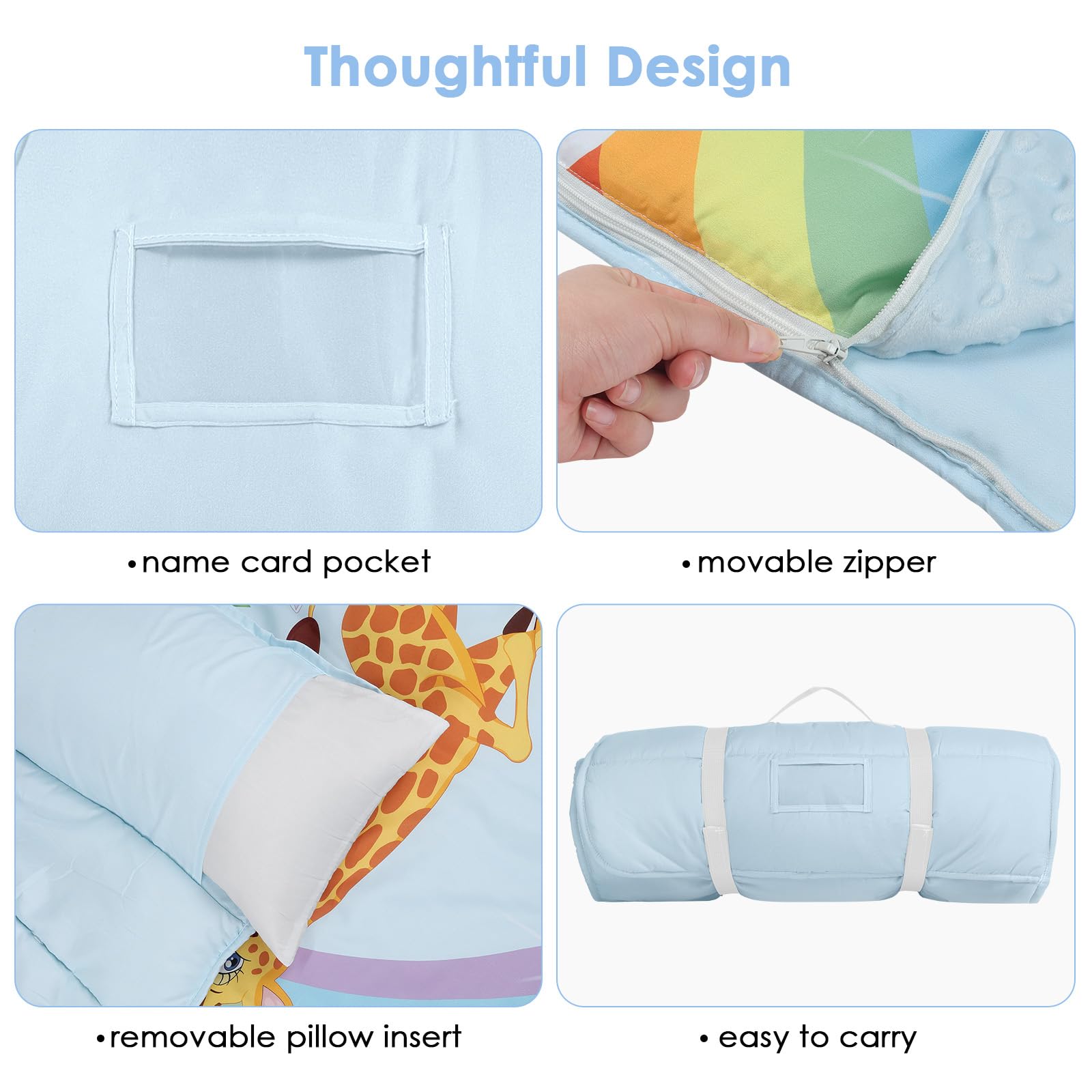 Saco de Dormir para Niños con Almohada y Manta Extra Gruesa Grande 2 en 1, Alfombrilla de Siesta para Niñas y Niños, Bolsa de Dormir Bebés para Preescolar Viajes Camping, Arco Iris Animal