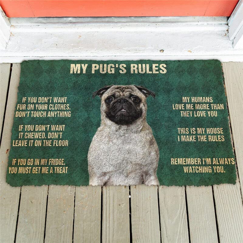 Doormat Non Slip Front Door Mat Pugs Rules Doormat Decor Print Animal Dog Floor Door Mat Flannel Custom Carpet 17x30 Inch