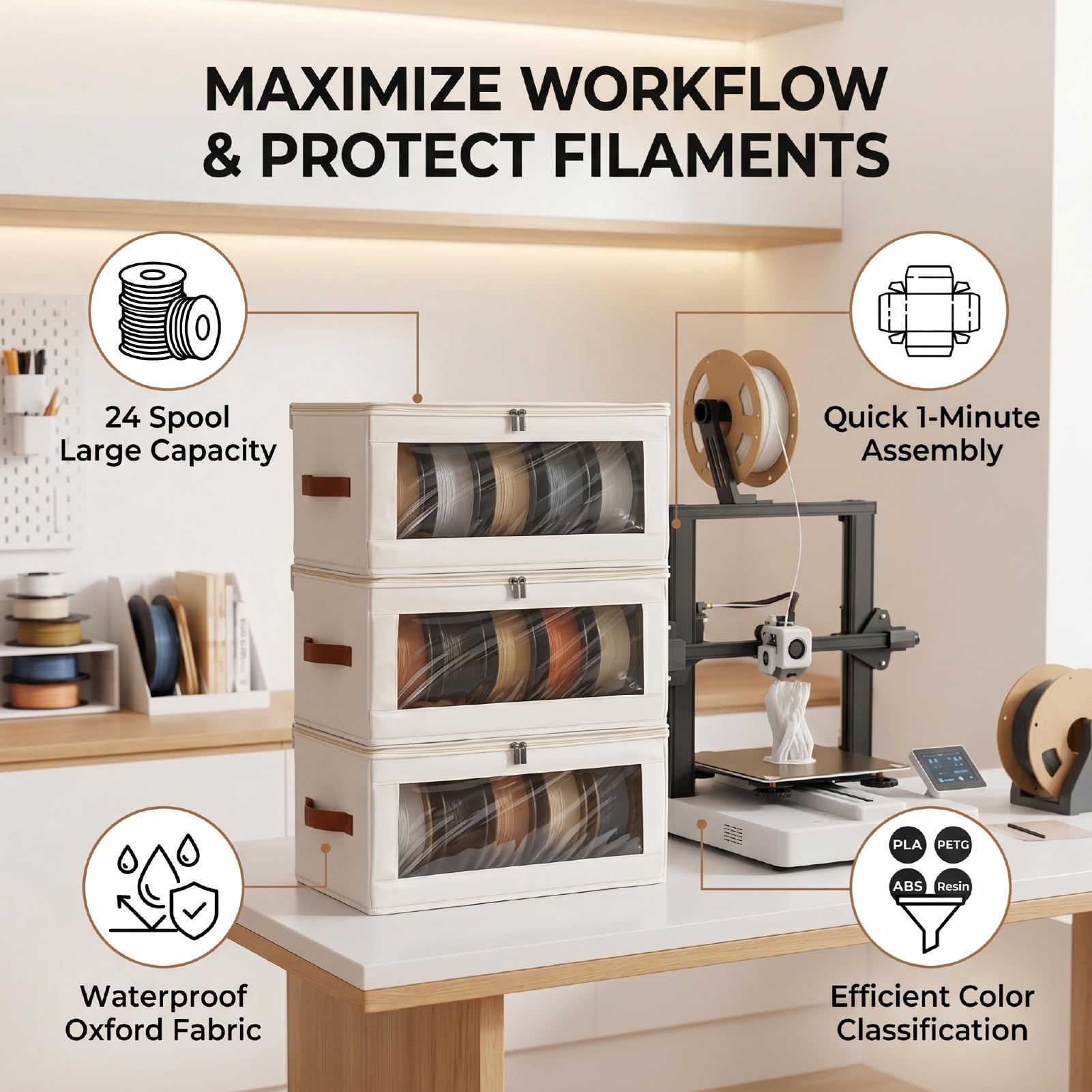 Filament-Aufbewahrungsbox, 4er-Pack, Faltbar, Wasserdicht, Transparent, 3D-Drucker-Filament-Trockenbox, Fasst Bis zu 24 Rollen, Druckzubehör-Halterregal für Zuhause, Büro (Beige)
