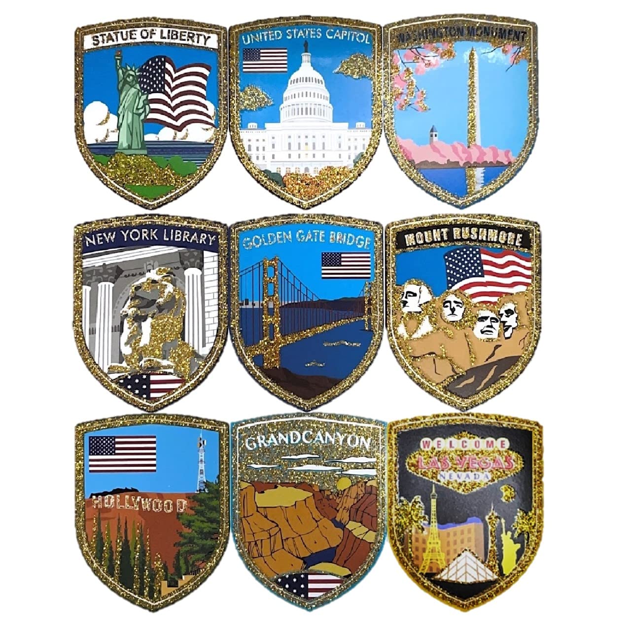 A-ONE United States Cities Bling Gold Landmark Stickers 9 PCS+USA National Flag Jeans Flag Patch 1 PC, Phone Case Stickers for Laptop, Computers, Scrapbook, Mirrors, Holiday Travel Gift SG1+NO.033