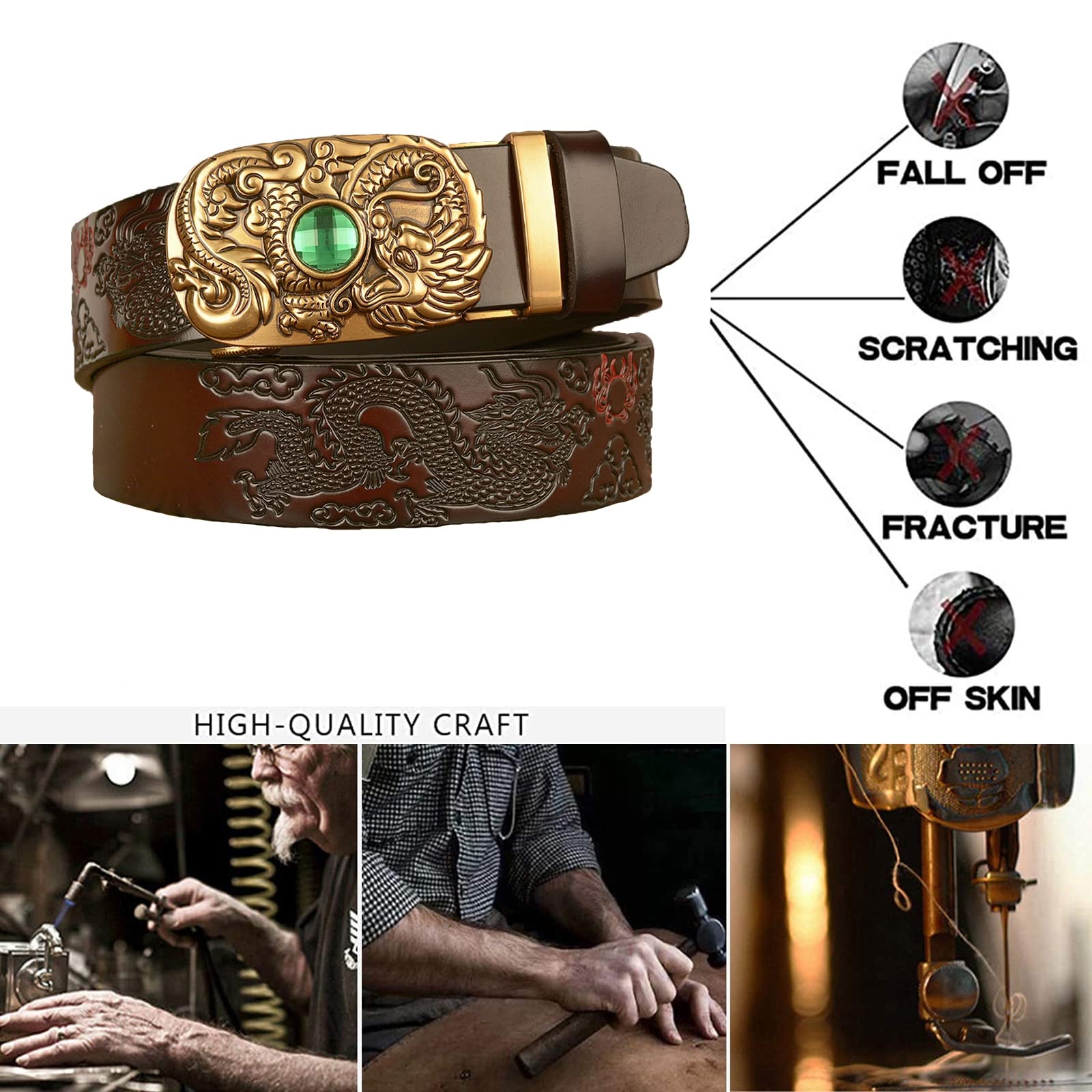Cinturón De Cuero Repujado For Hombre, Con Dragón Y Piedra Preciosa, Hebilla Deslizante Automática, Estilo Vaquero Occidental, Totalmente Ajustable