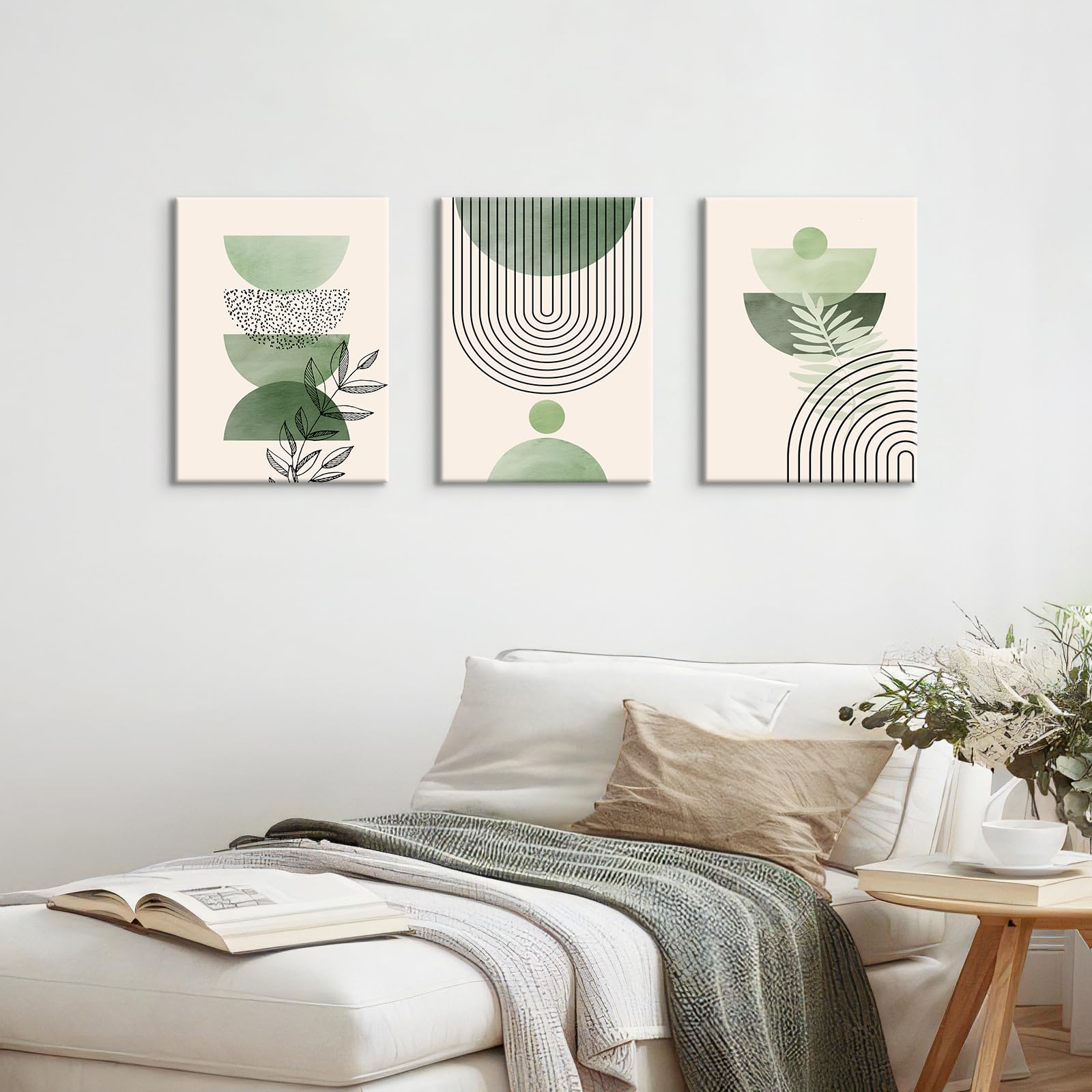3 Pcs Wooden Framed Canvas Wall Art Set Bohemian Sage Green Canvas Prints Poster Geometric Line Beige Green Pictures for Living Room Bedroom Dinning Room Hallway Stairs Wall Decor 30x40cm x3pcs — view 104
