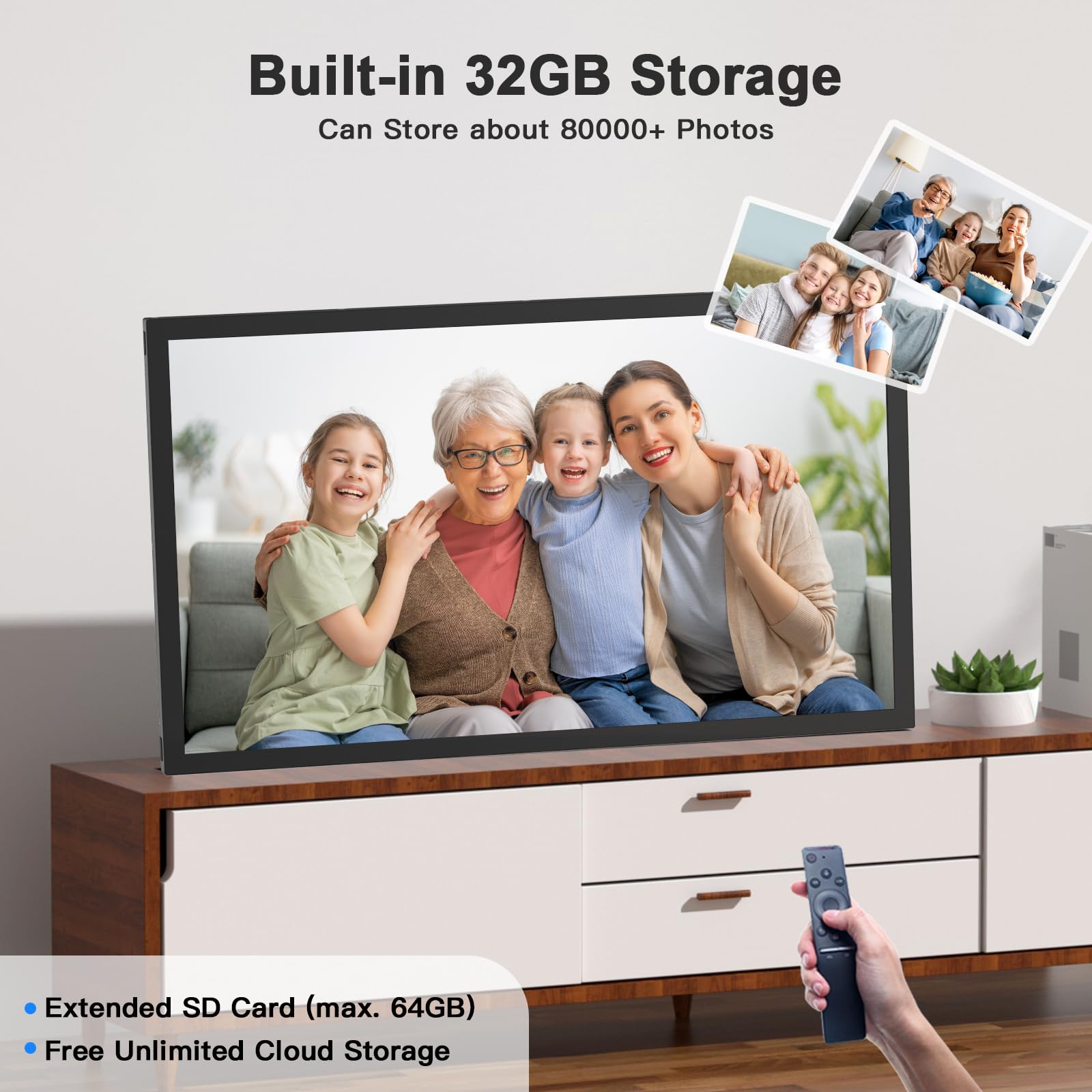 Grand cadre photo numérique 54,6 cm WiFi – 32 Go, 1920 x 1080 IPS FHD 1080p, rotation automatique, partage de photos et vidéos via application e-mail, stockage gratuit dans le cloud, montage mural,