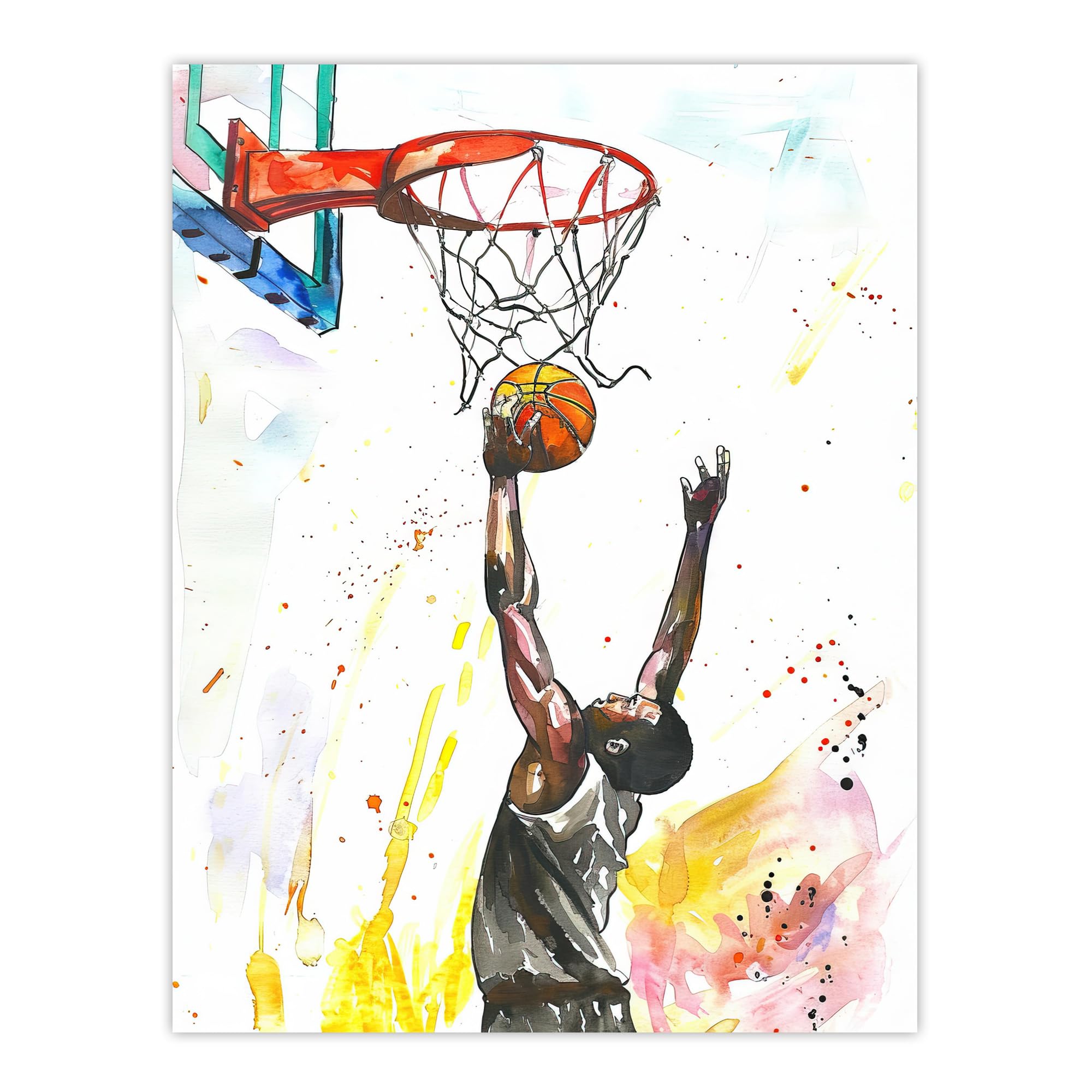 Basketball Player Jump Hoop Sport Watercolour Wall Art Print - Artery8 - W24 inch x H32 inch