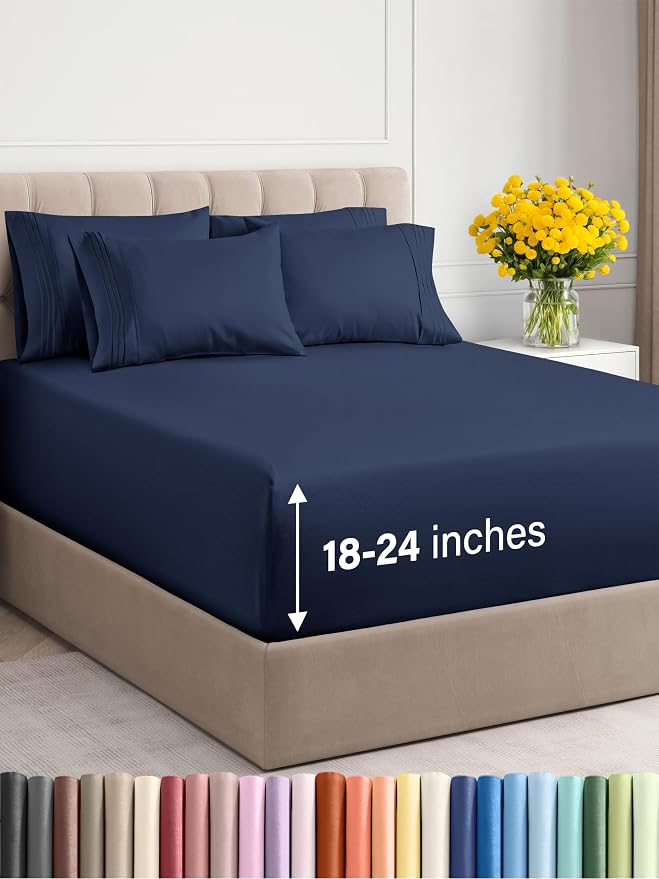 Extra Deep Queen Sheet Set - 6 Piece Breathable & Cooling Sheets - Hotel Luxury Bedding Set with 18-24 Inch Extra Deep Pockets - Easy Fit - Super Soft, Wrinkle Free and Comfy - Navy Blue, Queen Size