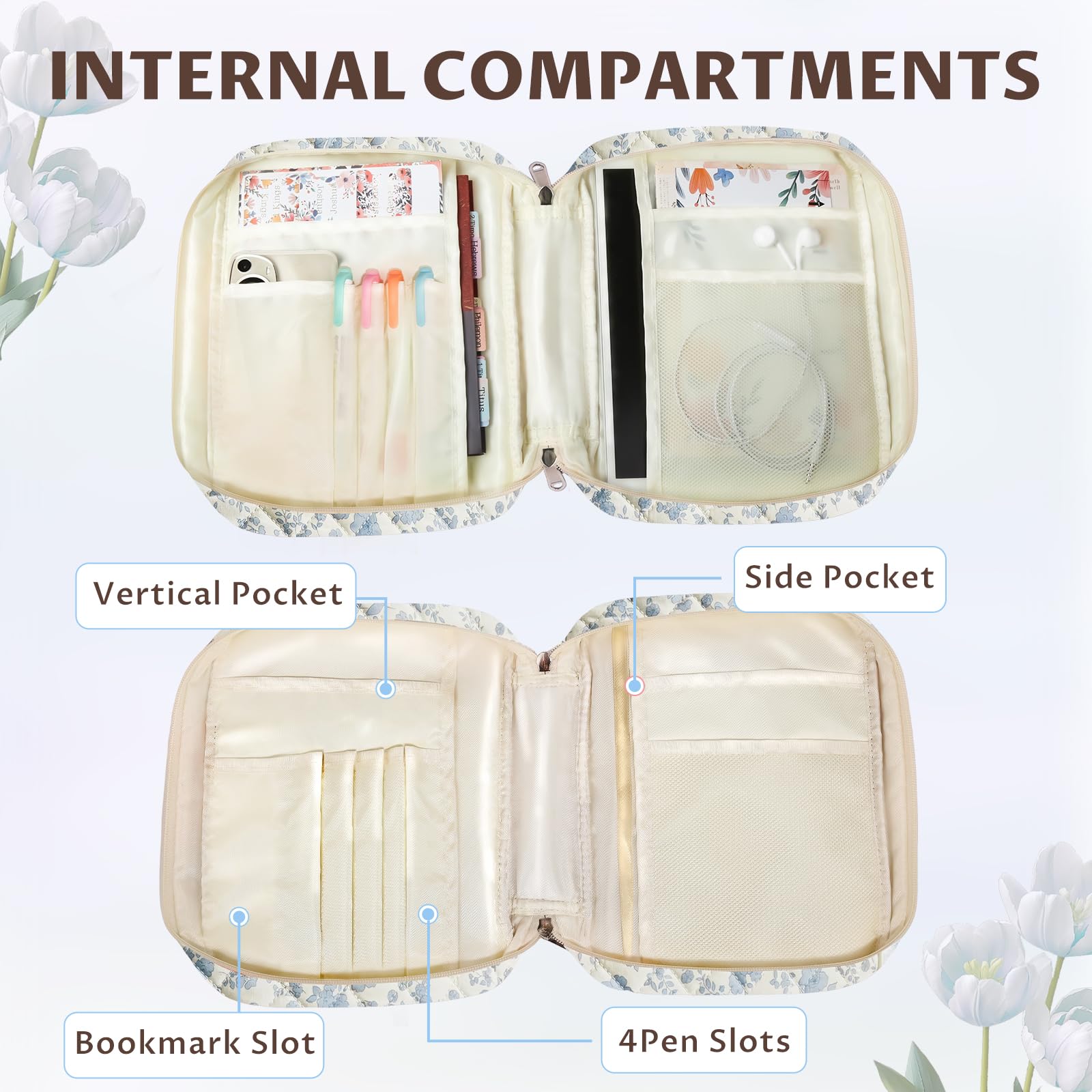 Gesteppte Bibelhülle für Frauen mit Bibelstudiumsbedarf, Journaling-Set, Blumen-Bibeltasche, Tragetasche mit pastellfarbenen Textmarkern, christliche Geschenke für Frauen (blaues