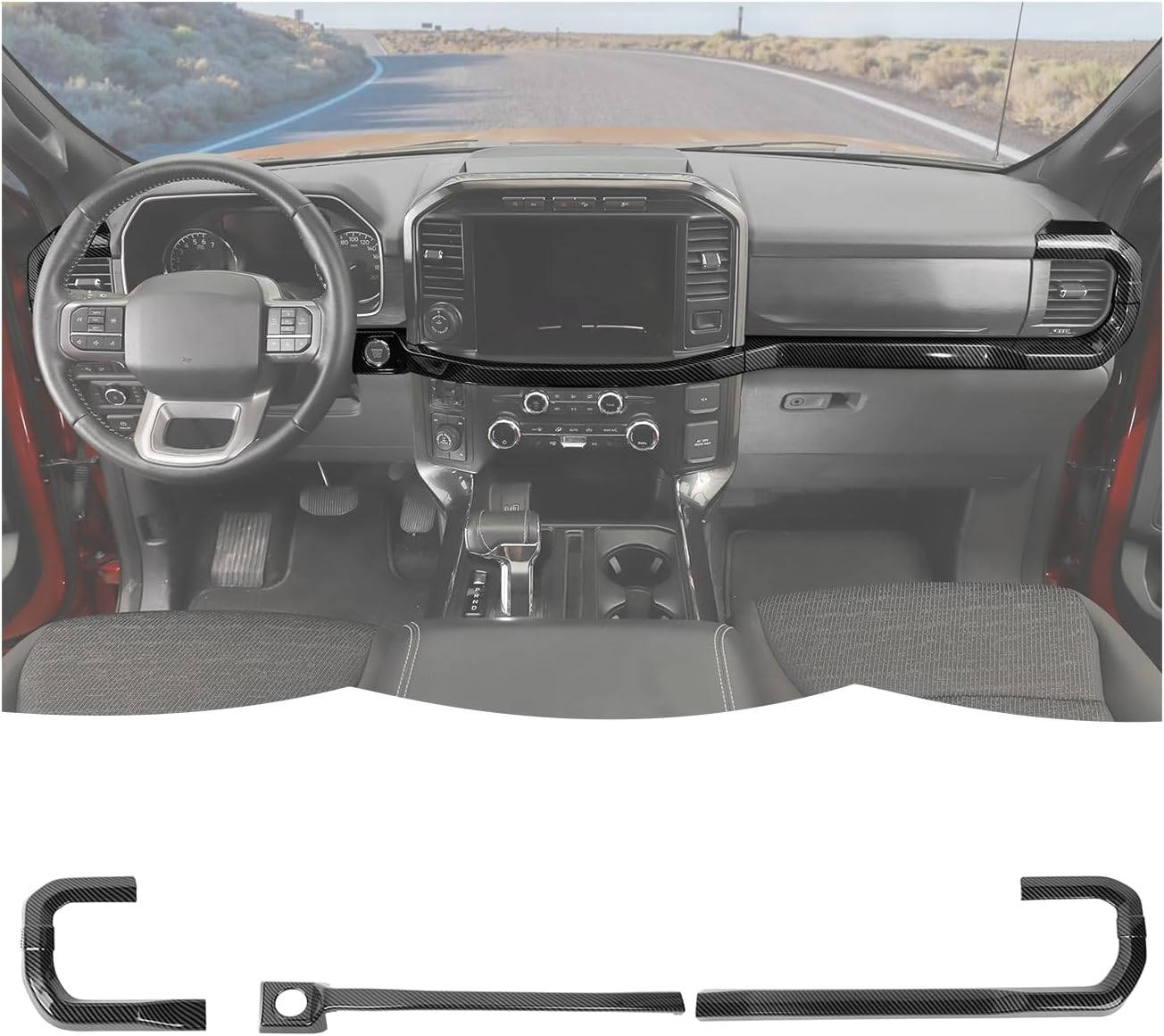 RT-TCZ Center Console Dashboard Strip Cover Trim Decoration Interior Accessories for Ford F150 2021-2025 (Black Carbon Fiber)