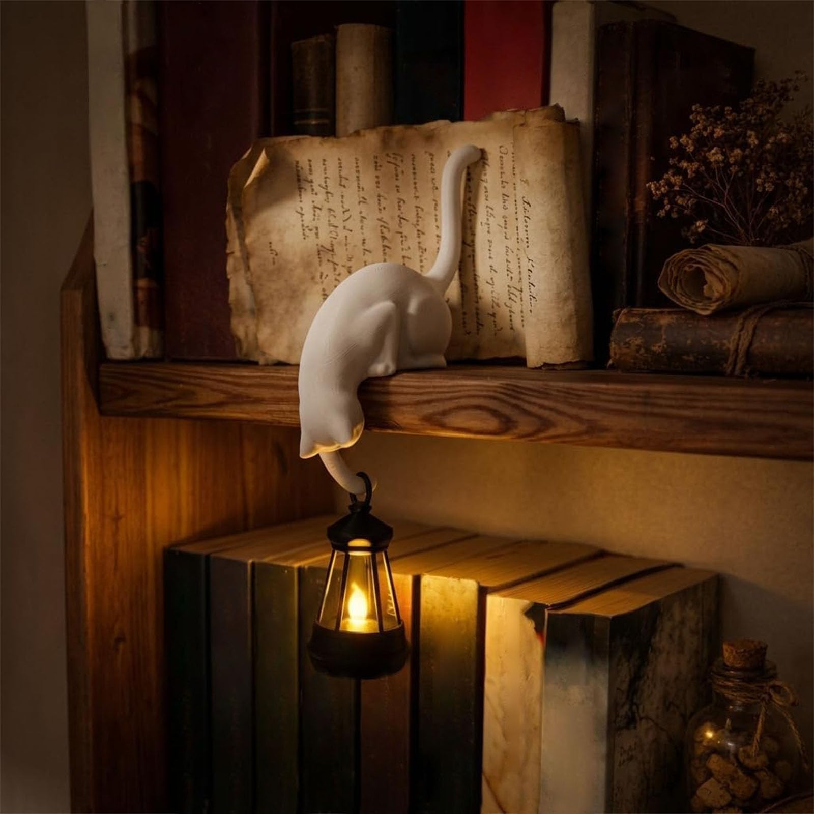 Cat with Lantern Shelf Decor, Bookshelf Lantern Cat, 3D Printed LED Hanging Cats Figurine, Retro Style Night Light for Porches Patios and Bookshelves, Antique Shelf Decor Led for Cats Lovers，White