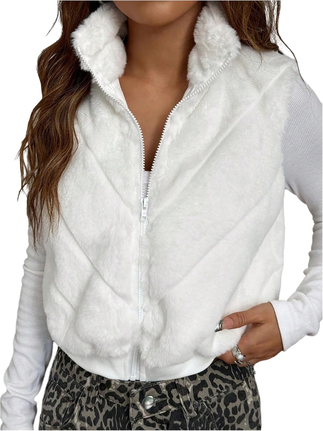 MakeMeChic Women's Fuzzy Zip Up Vest Crop High Neck Sleeveless Jacket Outerwear