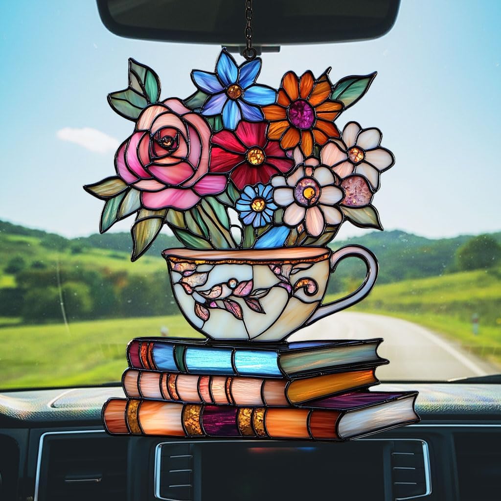 Flowers Books and Tea Acrylic Suncatcher Stained Glass Effect Window Car Hanging Christmas Ornament Indoor Outdoor Decor Garden Sun Catcher Panel for Book Lover for Women Mom Grandma