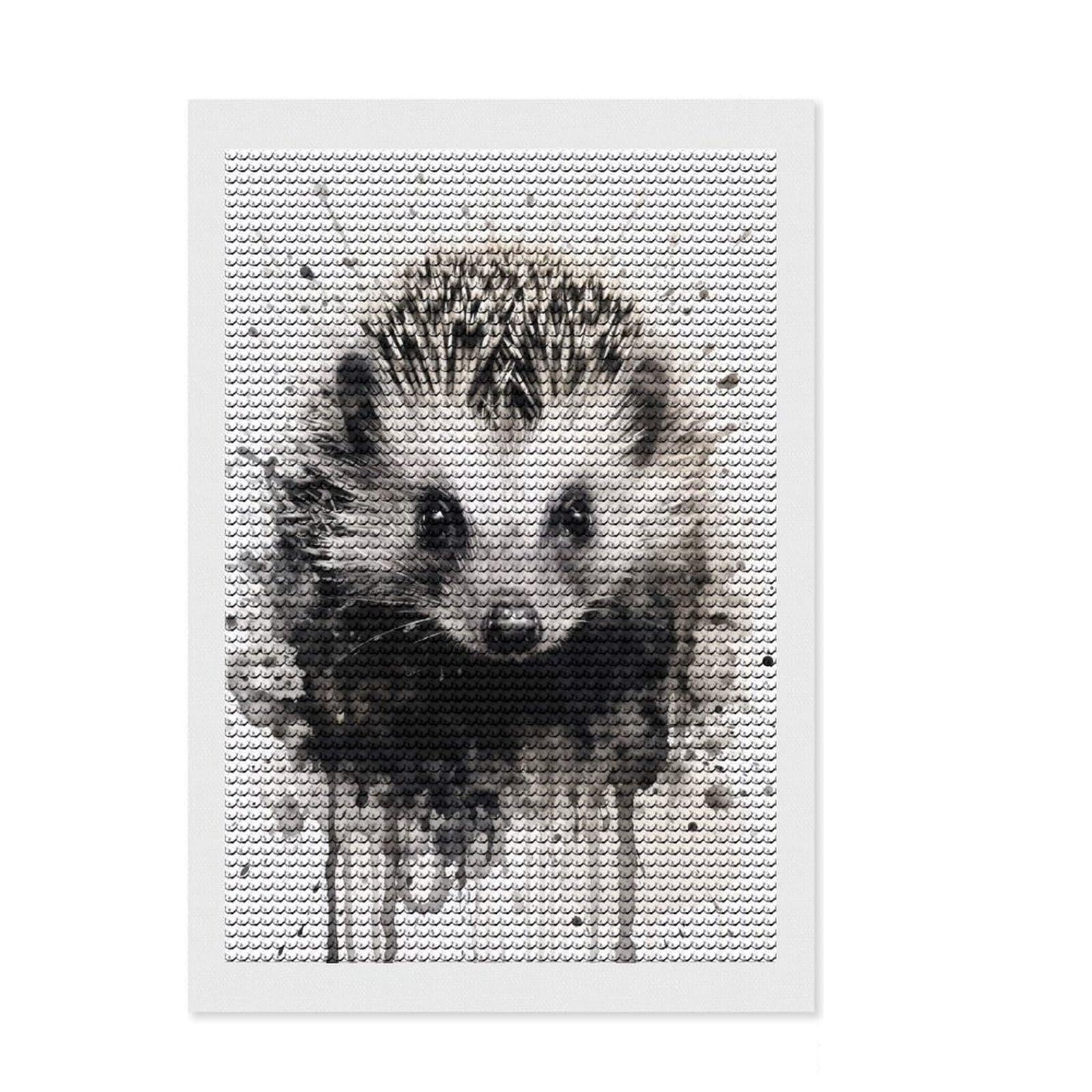 Junmoney Hedgehog Beauty Black Ink DIY Diamond Art Canvas Kit 8"x12", for Creative Relaxation, with Tool Kit, Vintage Style Decor, Festive Craft Gift