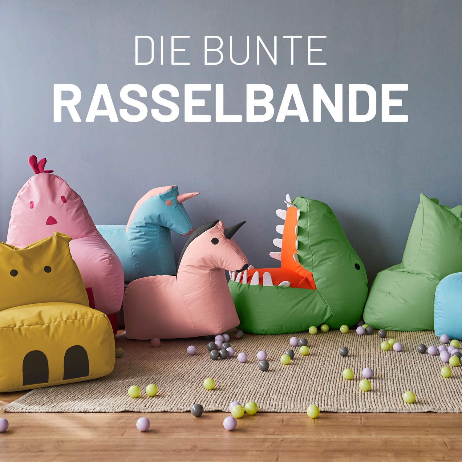 Lumaland Kindersitzsack Einhorn | Sitzsack Tier Familie für Kinder | Wasserabweisender Bean Bag für Indoor & Outdoor | Pflegeleichtes Material | 85 x 70 x 45 cm & 1,9 kg leicht [Pink/Grau]