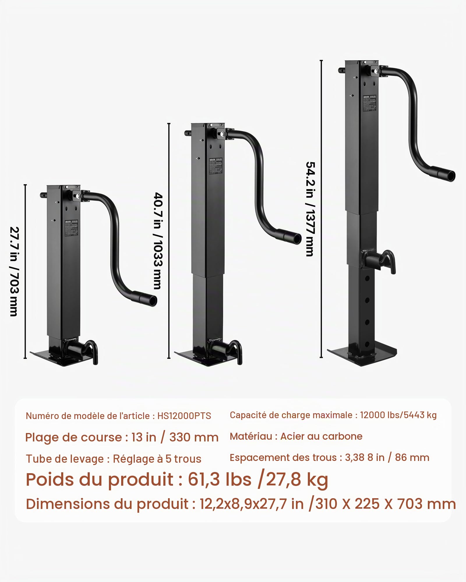 VEVOR Cric de Remorque Carré à Souder Capacité Charge 5443 kg Course 330 mm avec Manivelle, Pied Réglable, Cric de Remorque Manuel Levage Jusqu’à 67,4 cm pour Remorques de VR, Utilitaires, de Yachts