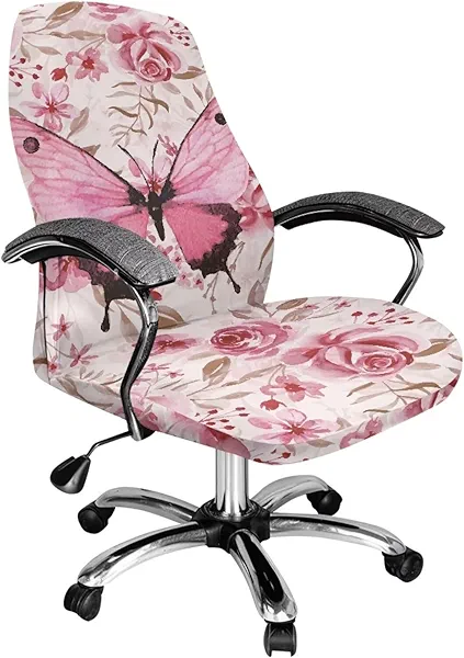 Xorudoydet Butterfly Rose Print Computer Office Chair Cover, Waterproof Office Chair Cover Thick Desk Chair Cover Water Resistant High Back Chair Slipcover Non Slip Chair Seat Protector-S