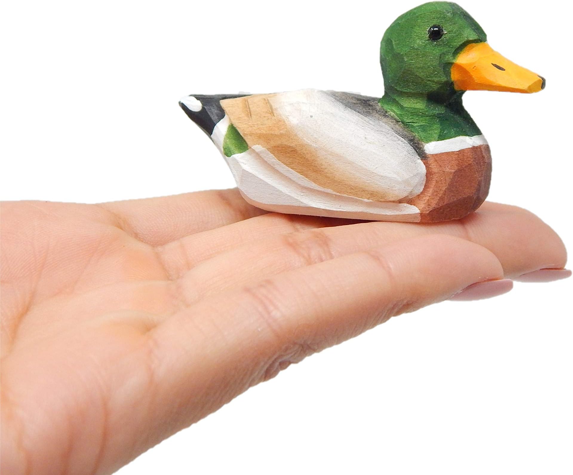 Selsela Small Mallard Wooden Duck Figurine - Drake/Male, Green Head, Hand-Made, Carving, Decoration, Decoy, Small Animals, Duck Lover