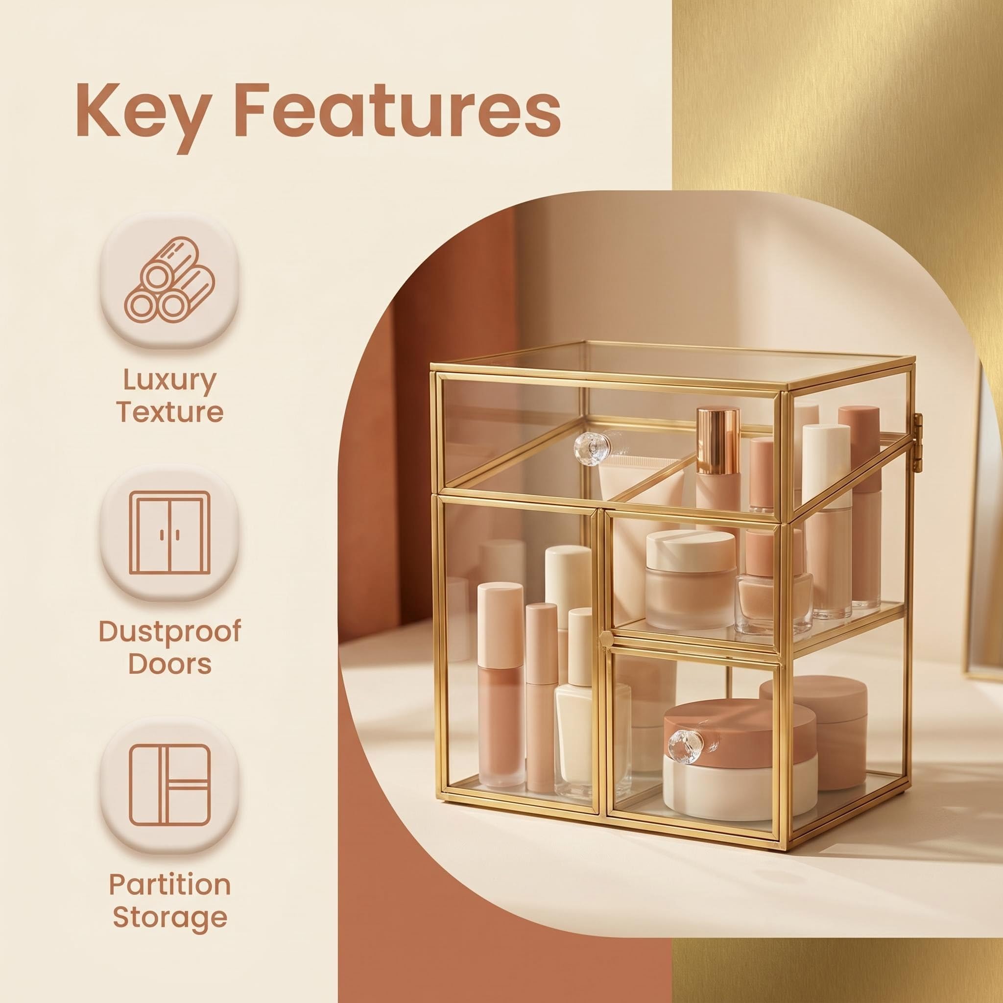 JIARI Organizador de maquillaje de vidrio con cajones, 6.88 x 5.31 x 7.87 pulgadas, acabado dorado, almacenamiento de cosméticos transparente, múltiples compartimentos, exhibición de tocador