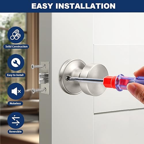 Miniatura 5 de Orger Paquete de 3 pomos de puerta interiores de níquel satinado, perillas reversibles sin bloqueo, pomo redondo sin llave para pasillo y armario